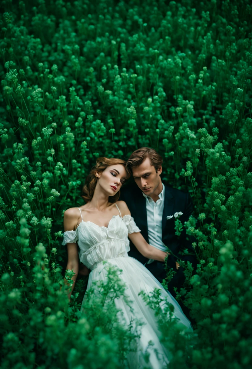 photo cinématographique art hyperréaliste un couple allongé dans l&#39;ensemble d&#39;herbes, par Relja Penezic, Portrait en vedette sur Unsplash, Photographie de mariage professionnelle, par Eszter Mattioni, par Nadya Rusheva, inspired by Oleg Oprisco, par Oszkar Tordai Schilling, par Georges Papazov, par Anna Hotchkis, par Daryush Shokof . Photographie 35mm, film, Bokeh, professionnel, 4K, highly detailed