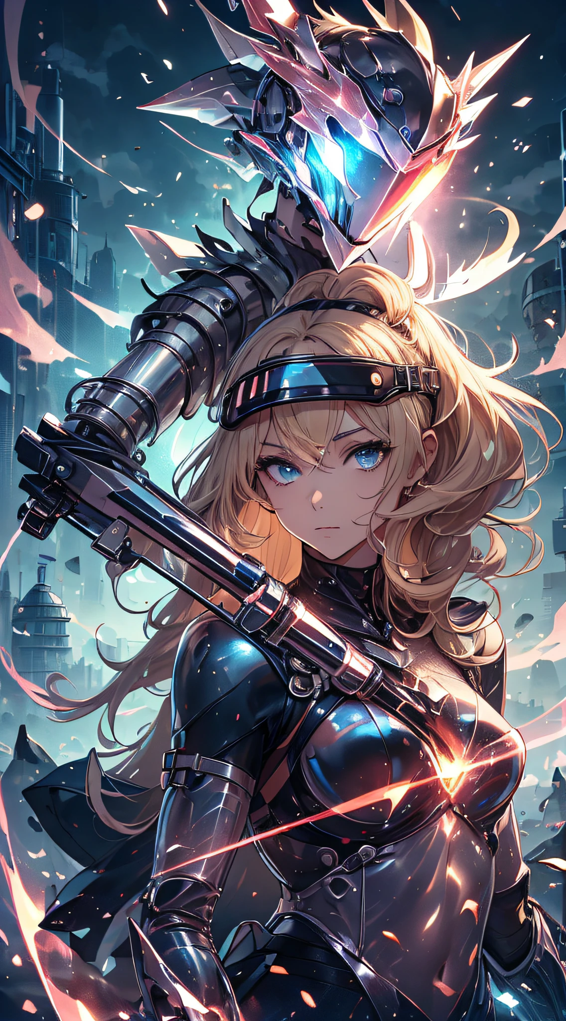 top-quality、Top image quality、​masterpiece、Teenage girl((black mechanic body、Shining red body line、Thorny armor、18year old、 Ager、Best Bust、big bast,Beautiful light blue eyes, Long Blonde Hair、A slender,Large valleys、Reflecting the whole body、black mechanic helmet、Airu main cable is equipped with a glossy black visor、mechanical red sword、mechanic blackwing)),hiquality、Beautiful Art、Background with((research complex、Mechanical Laboratory、bio research))​masterpiece、depth of fields,