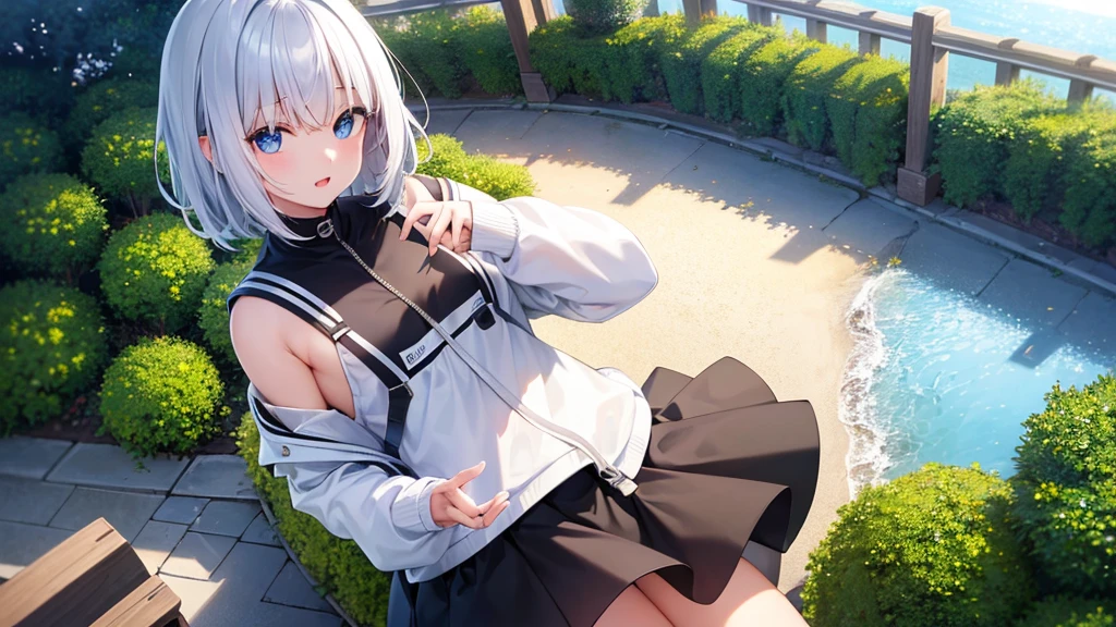 Ultra-high image quality,Look at viewers, hands behind back, girl with, 20 years old, Very short hair, long bangs between eyes, pale blue eyes, Hoodie, Skirt , Extremely detailed,(masterpiece、top-quality)、report、White hair、A smile、White skin as clear as snow、Fantastical, Silver hair, Black eyes, Beautiful eyes,, Ecstasy, charmed, be smitten with audience, Hoodie, White hoodie,a black skirt,Hair is short,look down from above,(masutepiece, Best Quality:1.1),report, 1girll, Curve,White jacket, Casual style,Open jacket, Cowboy Shot、report、Fluttering hair、a small face、hason、Bright smile、(parka、white sneaker fingers、Human hand)、(Detailed face) 、(top-quality: 1.4、tmasterpiece、 hyper HD、 Top resolution,、Very detailed、 profetional lighting,fantastic landscape, Sunlight,Shoulder out、sleeps in a bed、open open mouth、inside in room
