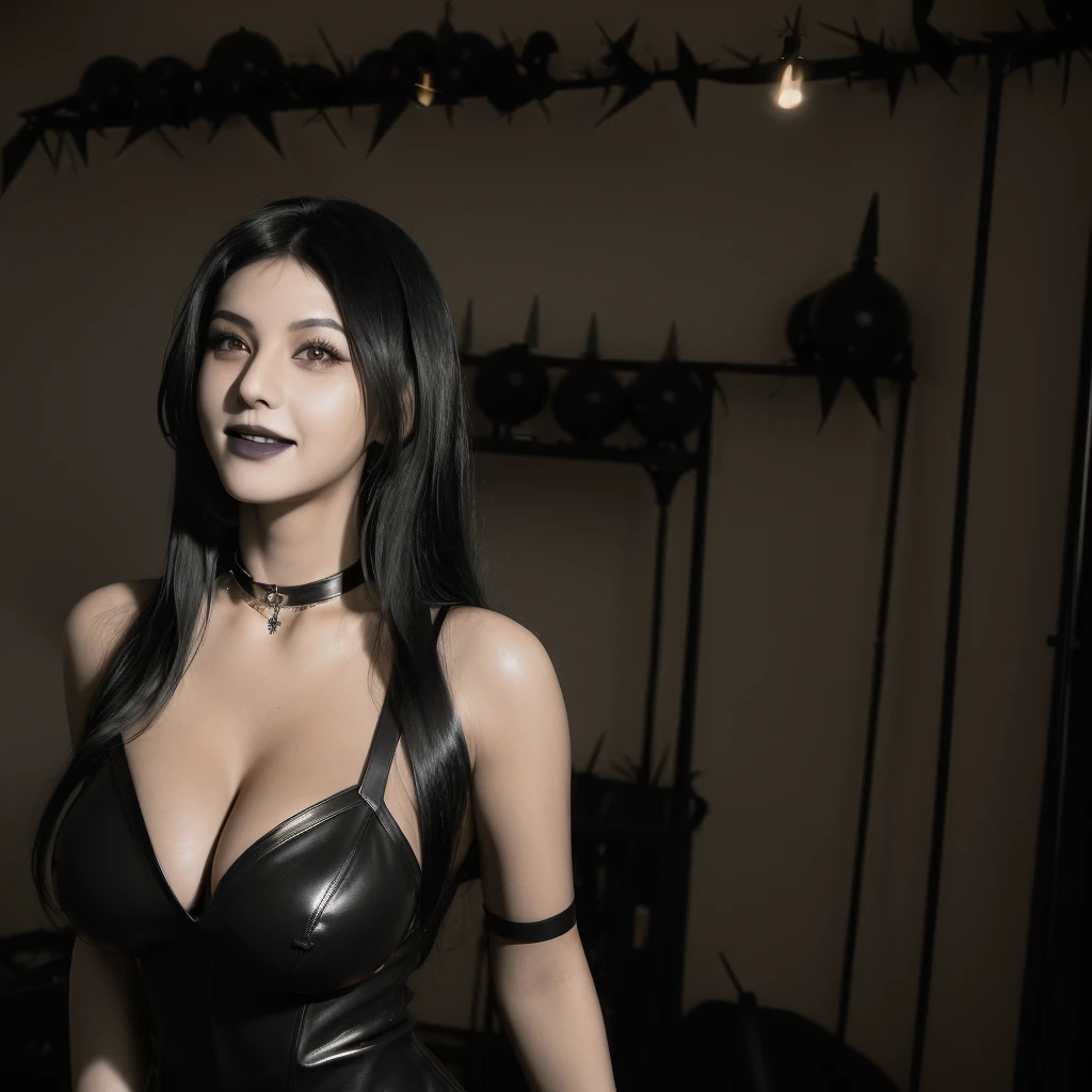 (Photorealist: 1.4) (masterpiece) (super high quality) (high resolution) Woman with long black hair having a gothic hair style, has black eyes,having very large thighs and extremely large voluminous breasts,wearing very short gothic clothes with cleavage, wearing a leather choker bracelet with thorns on the choker,wearing black lipstick and posing in a very  and sexy way while smiling in a room