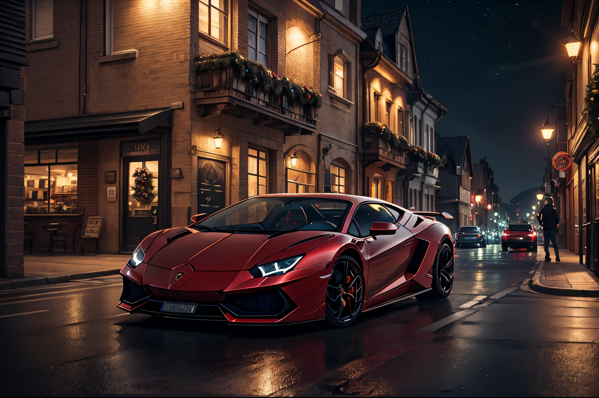 red lamborghini pictures， 3/4 front view， cyperpunk， outside of house， natta， the city is gorgeous， nmasterpiece， make realistic， 8K， high detal， dark themed，Christmas night city