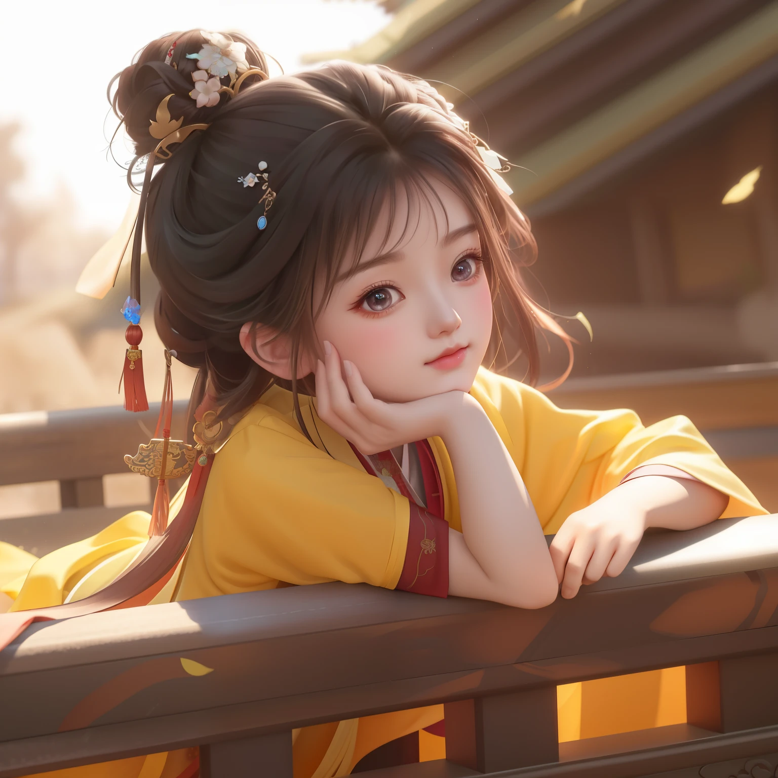 there is a girl that is sitting on a bench with her hand on her chin, guweiz, palace , a girl in hanfu, artwork in the style of guweiz, adorable digital painting, trending on cgstation, beautiful character painting, realistic cute girl painting, beautiful digital artwork, chinese girl, cute detailed digital art, cute digital art, cute anime girl