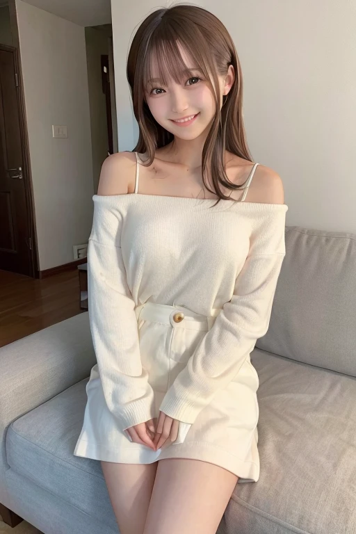 Living room, sofa, background is white wall, fleece material, white miniskirt, thighs, smile, brown hair, shoulder length