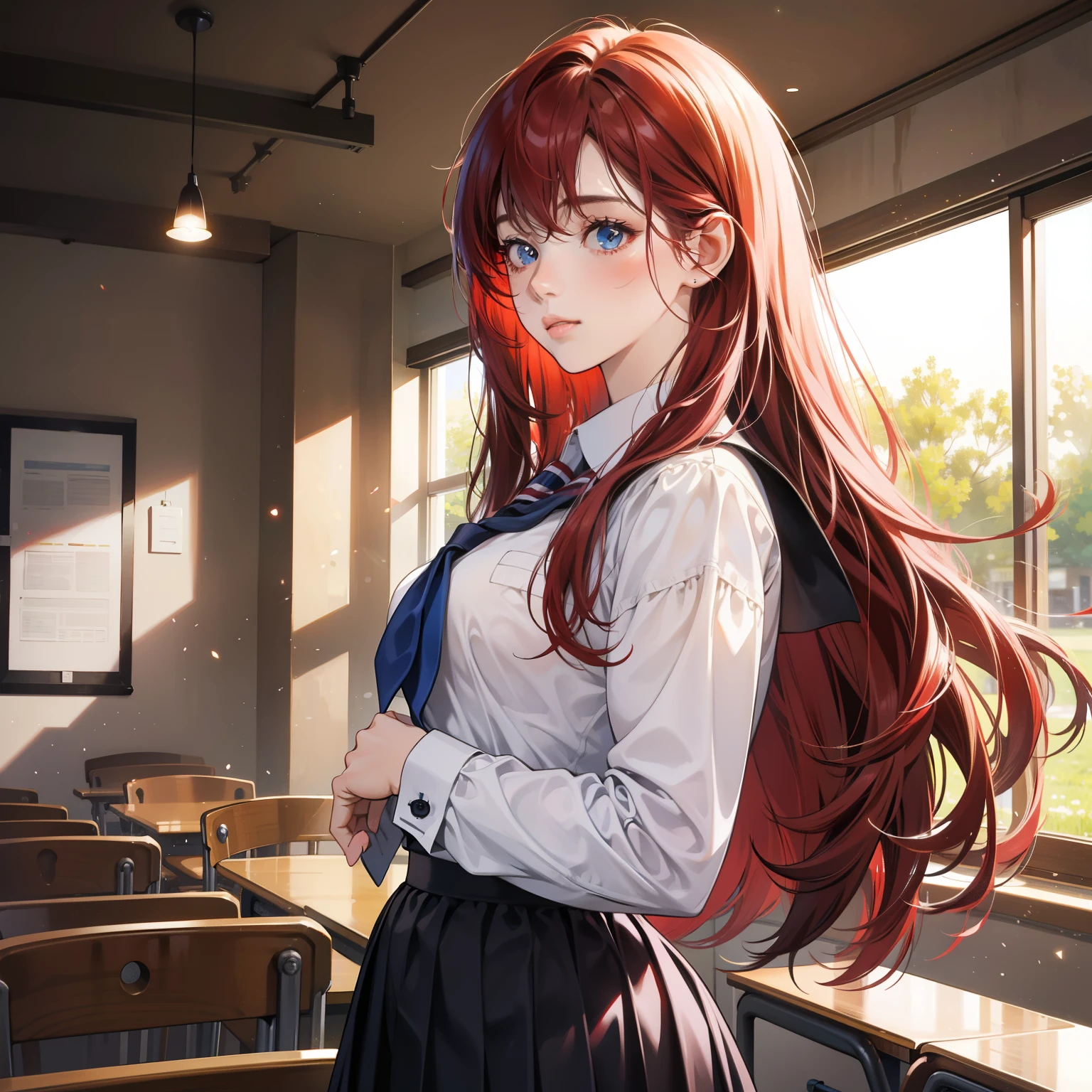 Masterpiece, high quality, best quality, HD, realistic, perfect lighting, detailed body, 1 woman, perfect eyes, long hair, Red Cherry Hair, glowing, school uniform, classroom background.