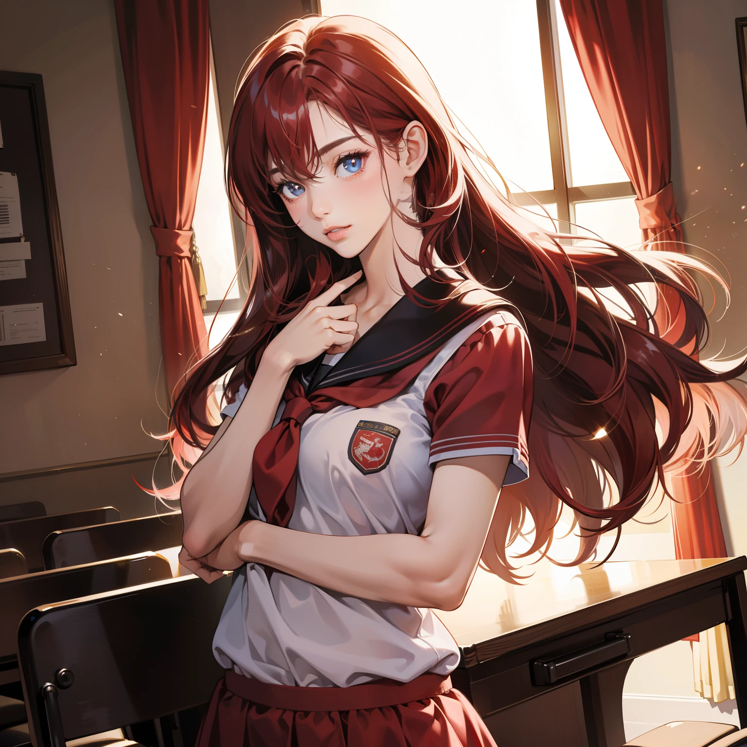 Masterpiece, high quality, best quality, HD, realistic, perfect lighting, detailed body, 1 woman, perfect eyes, long hair, Red Cherry Hair, glowing, school uniform, classroom background.