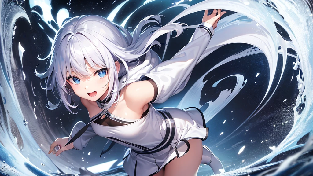 Ultra-high image quality,Look at viewers, girl with, 20yr old, Very short hair, long bangs between eyes, pale blue eyes, Hoodie, Skirt , Extremely detailed,(​masterpiece、top-quality)、report、White hair、A smile、White skin as clear as snow、Fantastical, Silver hair, Black eyes, Beautiful eyes,, Ecstasy, charmed, be smitten with audience, Hoodie, White hoodie,a black skirt,Hair is short,look down from above,(masutepiece, Best Quality:1.1),report, 1girll, Curve,White jacket, Casual style,Open jacket,  Cowboy Shot、report、Fluttering hair、a small face、hason、Bright smile、(parka、white sneaker fingers、Human hand)、(Detailed face) 、(top-quality: 1.4、tmasterpiece、 hyper HD、 Top resolution,、Very detailed、 profetional lighting,fantastic landscape, Sunlight,Shoulder out、sleeps in a bed、open open mouth、inside in room