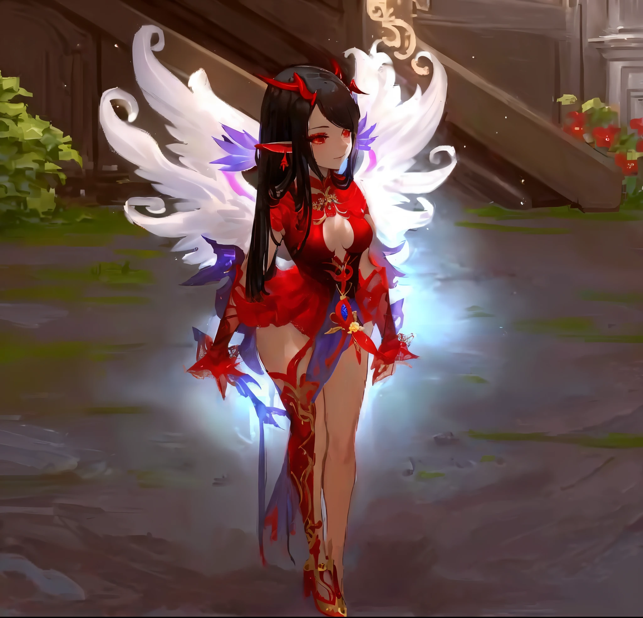 Close-up of a person in a red dress with wings, full-body xianxia, fantasy outfit, succubus in tight short dress, infernal nymph!!!, ne zha from smite, inspired by Pu Hua, fuchsia skin below the armor, alluring mesmer woman, aion, spellcasting pose, complex costume