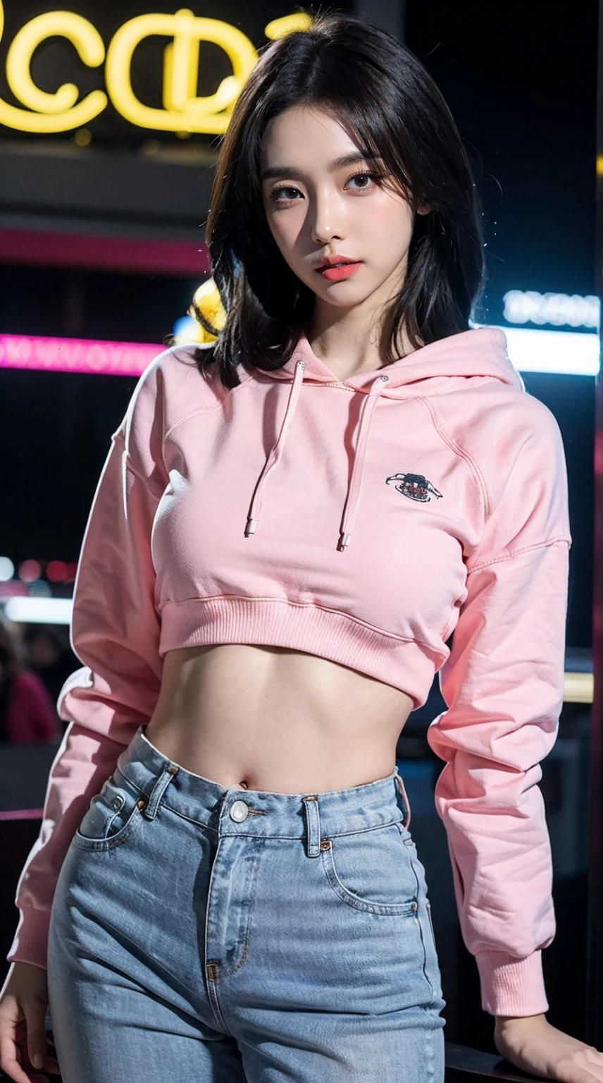 the city street，dinner，food stall，Your's，girl,(1 Sister),((beuaty girl)), (Lower bust:1.4),Large breasts droop、Thinning hair,black messy hair,Colored inner hair,Long gray hair:1.5,Long unkempt hair:1.35,cabelos preto e longos,Complex hairstyles)),(((neon_Pink_There are eyes:1.3))),complex eyes,beatiful and detailed&#39;There are eyes,symetric eye)),(spider lower abdomen,Willow waist,Wide hips,athletic body build,inflatable legs,Detailed body), Cute big breasts,'s,((((cropped hoodie,)))), (dynamicposes:1.0),Just focus,Embarrassing,(Located in the center,Scale to fit the dimensions,the rule of thirds), Waterfront cyberpunk city by night, scenecy:1.25,during night, star night, kosmos,Pitch black night，Neon lights are particularly eye-catching, very bright neon light,during night, star night, kosmos, artsy photography,(Photos taken by sldr),A high resolution, Focus sharp,(ultra - detailed, Very meticulous), (realistic artwork:1.37),(extremely detaild's CG unified 8k wallpapers),((Synthetic wave background theme)),(((vivd colour))),iintricate,(intricate background),(tmasterpiece),(Best quality at best),It's a perfect face,Perfect facial detail,Realistic face,Live photos,analogue style,((Complicated details)),(((actual))),