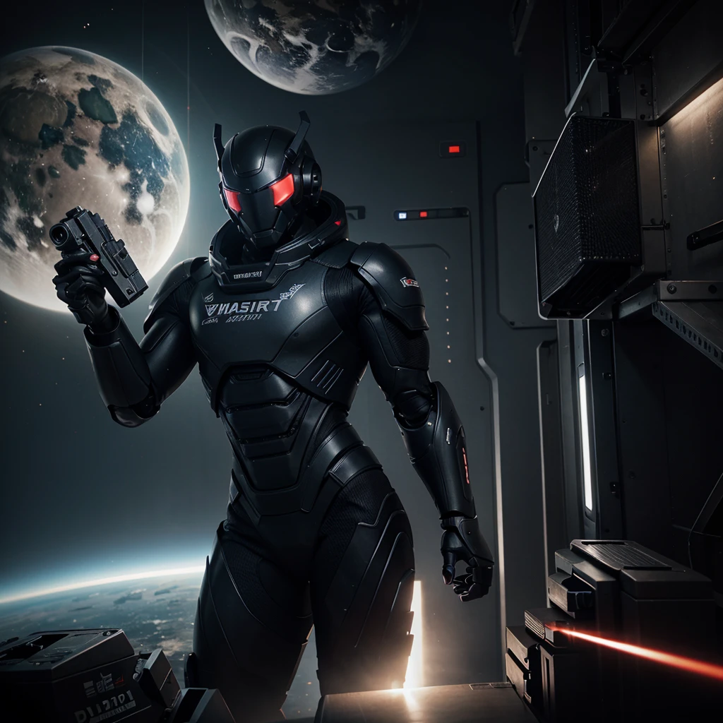 Wide angle image, sharp and realistic, thai art style 3d, strong-looking male robot. holding a laser gun Standing in the International Space Station, dark tone, cyberpunk cartoon cover, carbon skin, CGI society, phone wallpaper image.