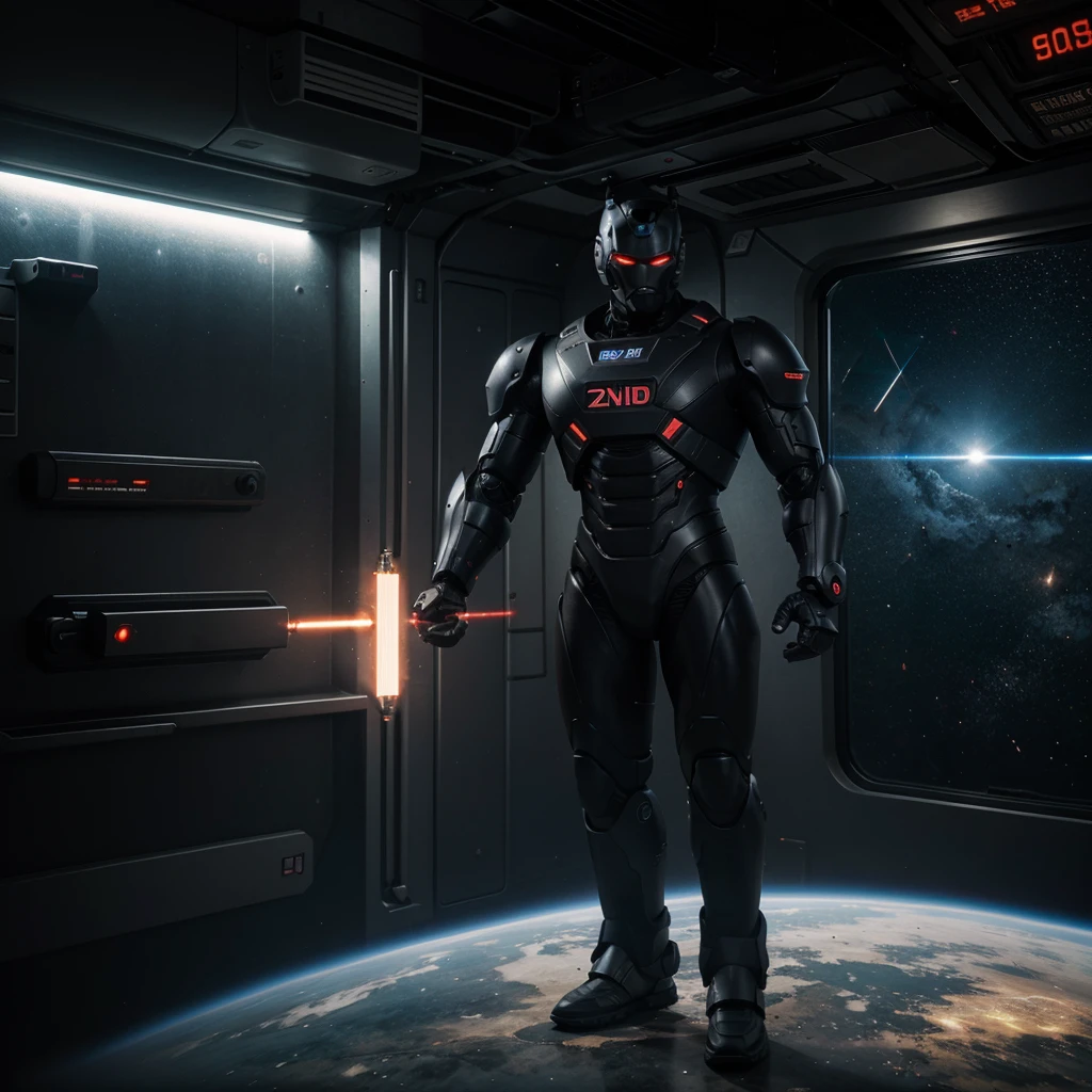 Wide angle image, sharp and realistic, thai art style 3d, strong-looking male robot. holding a laser gun Standing in the International Space Station, dark tone, cyberpunk cartoon cover, carbon skin, CGI society, phone wallpaper image.