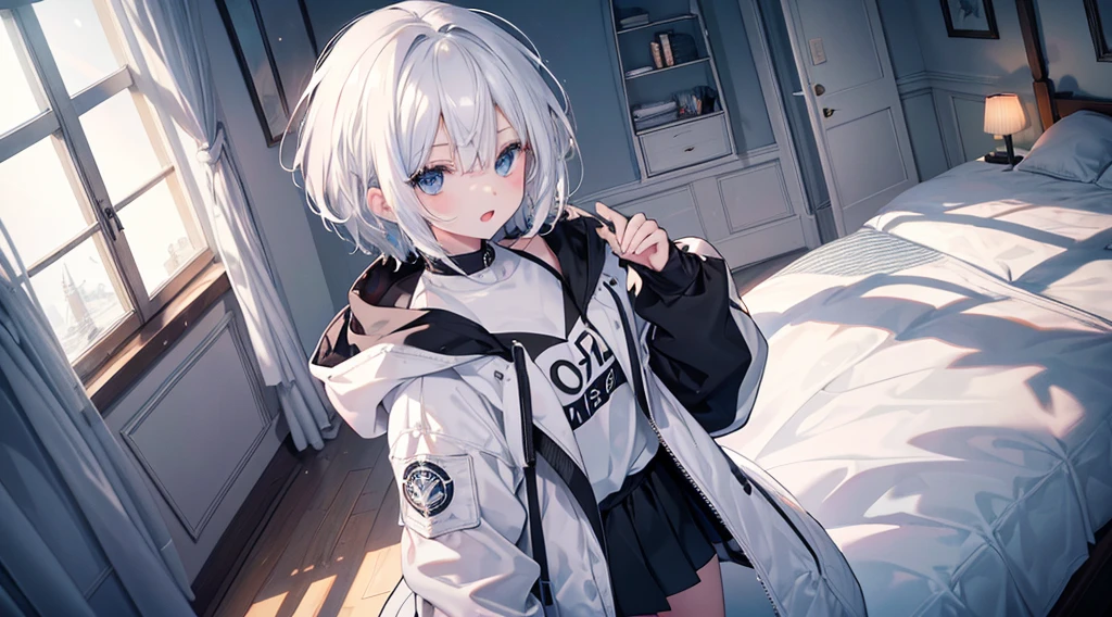 Ultra-high image quality,Look at viewers, girl with, 20yr old, Very short hair, long bangs between eyes, pale blue eyes, Hoodie, Skirt , Extremely detailed,(masterpiece、top-quality)、report、White hair、A smile、White skin as clear as snow、Fantastical, Silver hair, Black eyes, Beautiful eyes,, Ecstasy, charmed, be smitten with audience, Hoodie, White hoodie,a black skirt,Hair is short,look down from above,(masutepiece, Best Quality:1.1),report, 1girll, Curve,White jacket, Casual style,Open jacket, Cowboy Shot、report、Fluttering hair、a small face、hason、Bright smile、(parka、white sneaker fingers、Human hand)、(Detailed face) 、(top-quality: 1.4、tmasterpiece、 hyper HD、 Top resolution,、Very detailed、 profetional lighting,fantastic landscape, Sunlight,Shoulder out、sleeps in a bed、open open mouth、inside in room