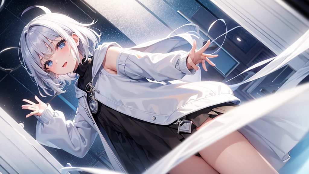 Ultra-high image quality,Look at viewers, girl with, 20yr old, Very short hair, long bangs between eyes, pale blue eyes, Hoodie, Skirt , Extremely detailed,(masterpiece、top-quality)、report、White hair、A smile、White skin as clear as snow、Fantastical, Silver hair, Black eyes, Beautiful eyes,, Ecstasy, charmed, be smitten with audience, Hoodie, White hoodie,a black skirt,Hair is short,look down from above,(masutepiece, Best Quality:1.1),report, 1girll, Curve,White jacket, Casual style,Open jacket, Cowboy Shot、report、Fluttering hair、a small face、hason、Bright smile、(parka、white sneaker fingers、Human hand)、(Detailed face) 、(top-quality: 1.4、tmasterpiece、 hyper HD、 Top resolution,、Very detailed、 profetional lighting,fantastic landscape, Sunlight,Shoulder out、sleeps in a bed、open open mouth、inside in room