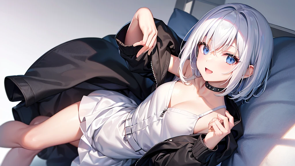 Ultra-high image quality,Look at viewers, girl with, 20yr old, Very short hair, long bangs between eyes, pale blue eyes, Hoodie, Skirt , Extremely detailed,(masterpiece、top-quality)、report、White hair、A smile、White skin as clear as snow、Fantastical, Silver hair, Black eyes, Beautiful eyes,, Ecstasy, charmed, be smitten with audience, Hoodie, White hoodie,a black skirt,Hair is short,look down from above,(masutepiece, Best Quality:1.1),report, 1girll, Curve,White jacket, Casual style,Open jacket, Cowboy Shot、report、Fluttering hair、a small face、hason、Bright smile、(parka、white sneaker fingers、Human hand)、(Detailed face) 、(top-quality: 1.4、tmasterpiece、 hyper HD、 Top resolution,、Very detailed、 profetional lighting,fantastic landscape, Sunlight,Shoulder out、sleeps in a bed、open open mouth、inside in room