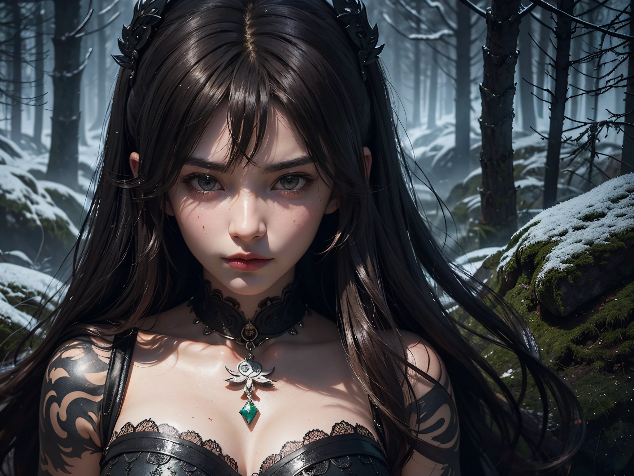(High Resolution, high detail),Shaman girl performs a bloody ritual, Scandinavian style, dark and gloomy forest, Traditional materials, Intricate Patterns, creepy ambiance, Mysterious Shadows, Focused lighting, saturated colors, vivid conveyance of emotions, Supernatural elements, dense foliage,,,,,,,,,, Intrusive Presence