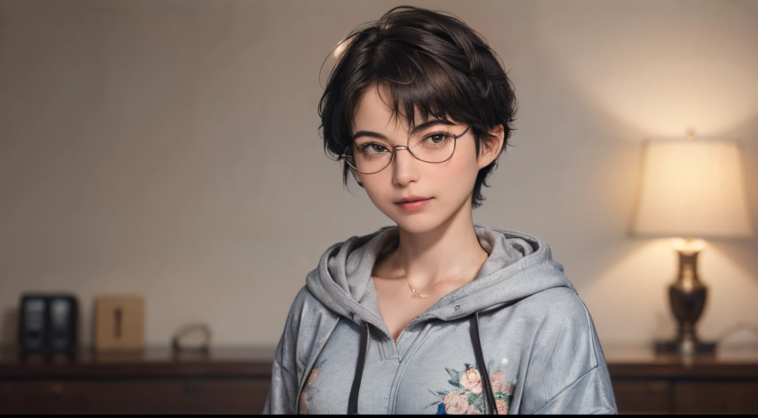 134
(a 20 yo woman,Wearing sportswear), (A hyper-realistic), (high-level image quality), ((beautiful hairstyle 46)), ((short-hair:1.46)), (Gentle smile), (breasted:1.46), (lipsticks), (Wearing glasses:1.46), (darkened room), (florals), (wearing hoodies)