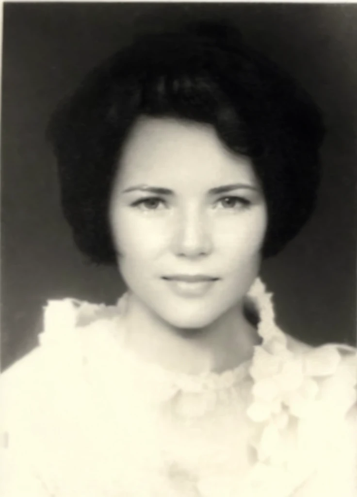 a close up of a woman with a black hair and a white dress, in her early 3 0, old photo, in her early 20s, classified photo, old black and white photo, old picture, an old balck and white photo, photo 1960, old yearbook photo, old photograph, photo of a woman, black and white old photo