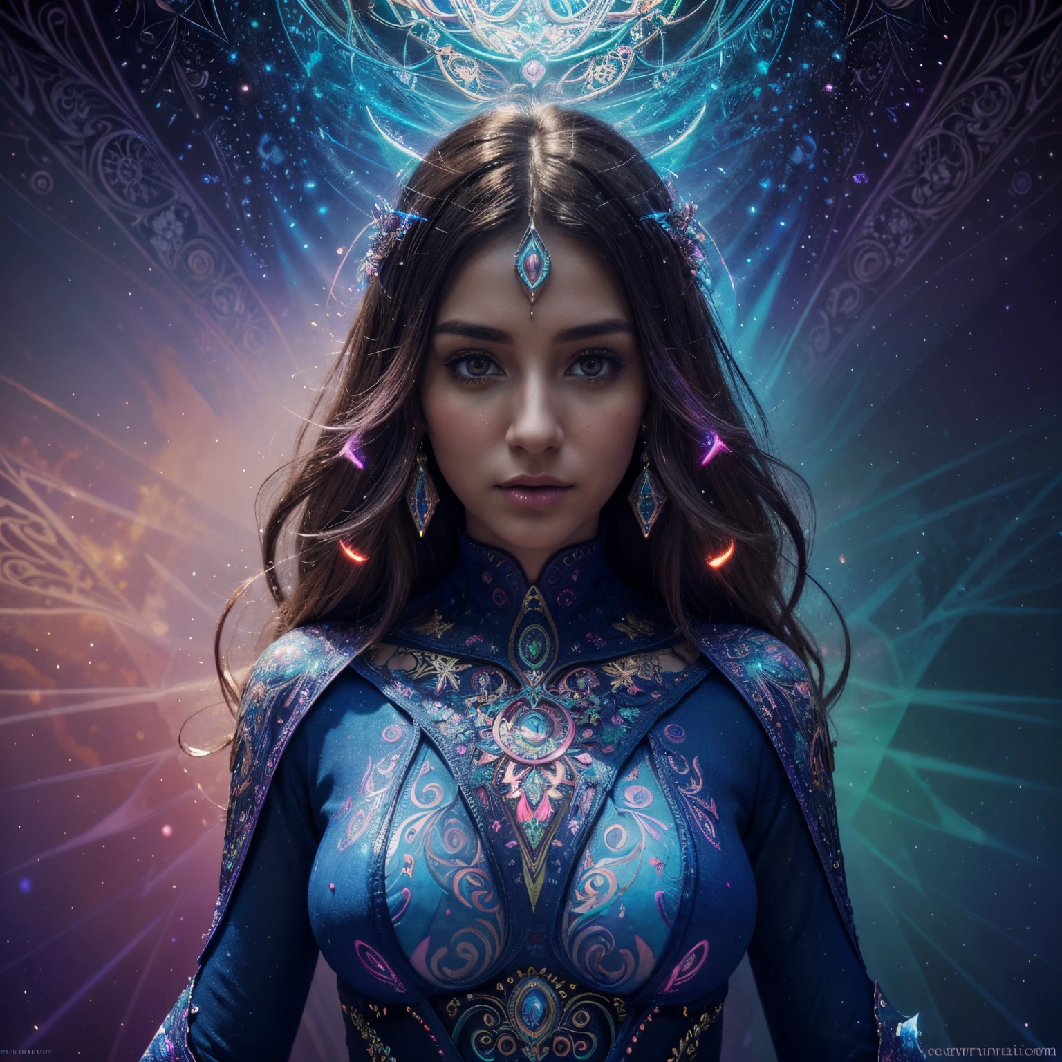 Women (epic colorful background,fantastic digital effects), (vibrant colors, high contrast), (detailed fractal patterns), (glowing lights, mesmerizing glow), (impressive symmetry, intricate details), (dreamlike atmosphere), (ethereal beauty), (captivating composition), (magical fantasy vibe), (mystical aura), (exquisite artistry).
