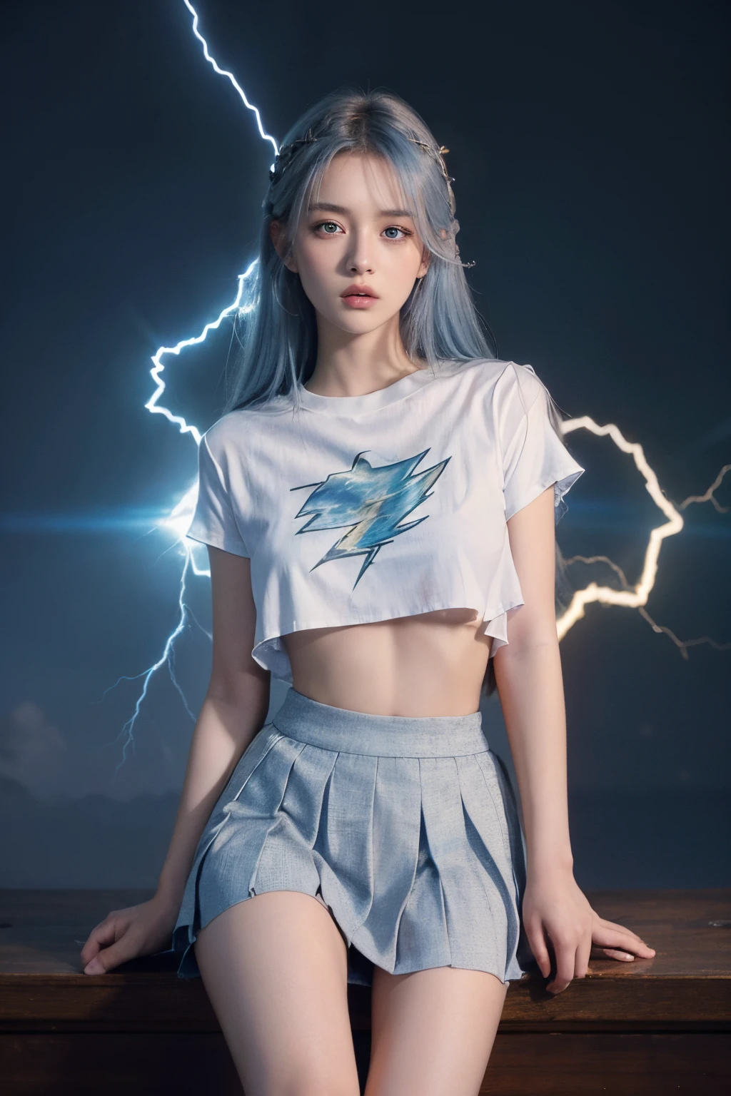 1 sister((shirt)),{Best bare knee quality,The content is very detailed,{{tmasterpiece}},ultra - detailed,illuminationlight}}},depth of fields,Wind lift,Very long hair,beautidful eyeachine arm}}},{Magic circle surrounded by lightning},light blue eyes,beautidful eyes,A gorgeous one,cow boy shooting,{looking at viewert},{Strong light irradiates the body},{{Iridescent hair}},{{{aquarelle_(medium)}}},Glowing round pupils,sitted,Flutter,{pleated_a skirt},{{{{Lightning hair accessories_glowing}}}},Blue hair,burning sky,lightning effects,{{Detailed power surround sound}},{Electric},{Pull yourself together},Lightning cloud,, Best quality,tmasterpiece,actual,tmasterpiece,The content is very detailed,Extremely detailed description,Extremely detailed CG Unity 32K wallpaper,8K,