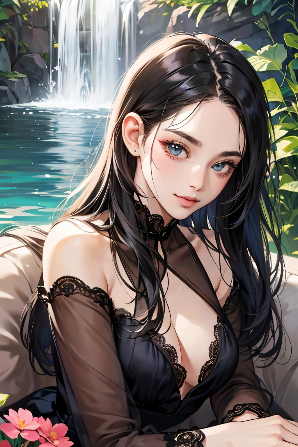 best quality, masterpiece,Black hair, blue eyes, looking up, sexy Indian dress, in the river, wet dress, unconcerned, upper body