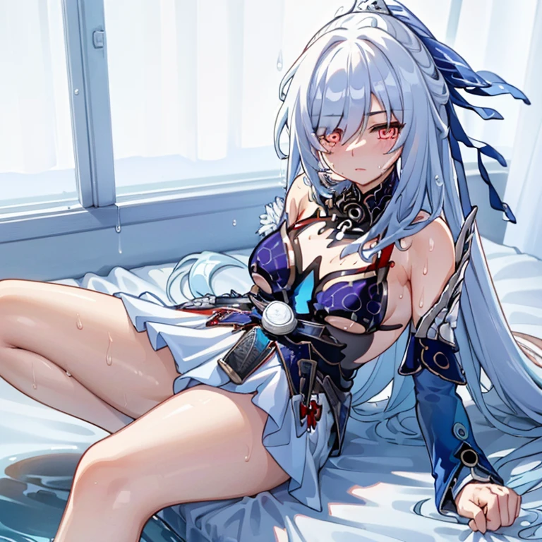 (tmasterpiece, Best quality）one-girl，boot，legs long，Lying on a white bed，legs fully spread，the detail，A white bikini，soaking wet，Drenched，face flushed，Embarrassing，funk，'s