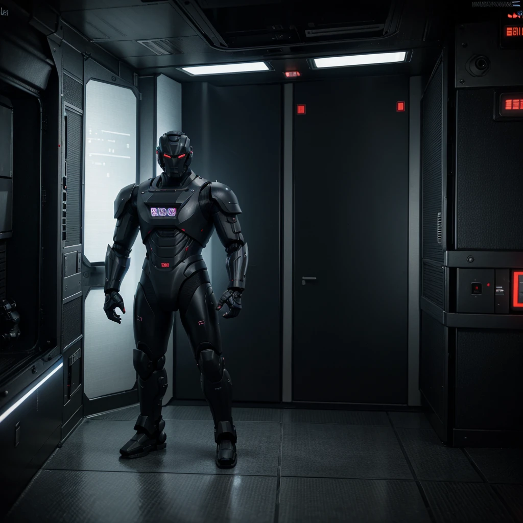 wide shot, Sharp and realistic, Thai art style 3D, Strong looking male robot. Holding a laser gun standing in the International Space Station, dark tone, cyberpunk cartoon cover, Carbon surface, CGI society, phone wallpaper pictures.