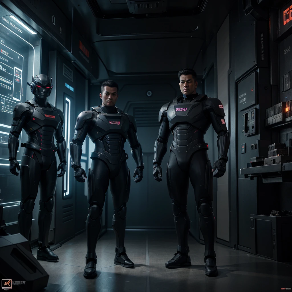 wide shot, Sharp and realistic, Thai art style 3D, Strong looking male robot. Holding a laser gun standing in the International Space Station, dark tone, cyberpunk cartoon cover, Carbon surface, CGI society, phone wallpaper pictures.
