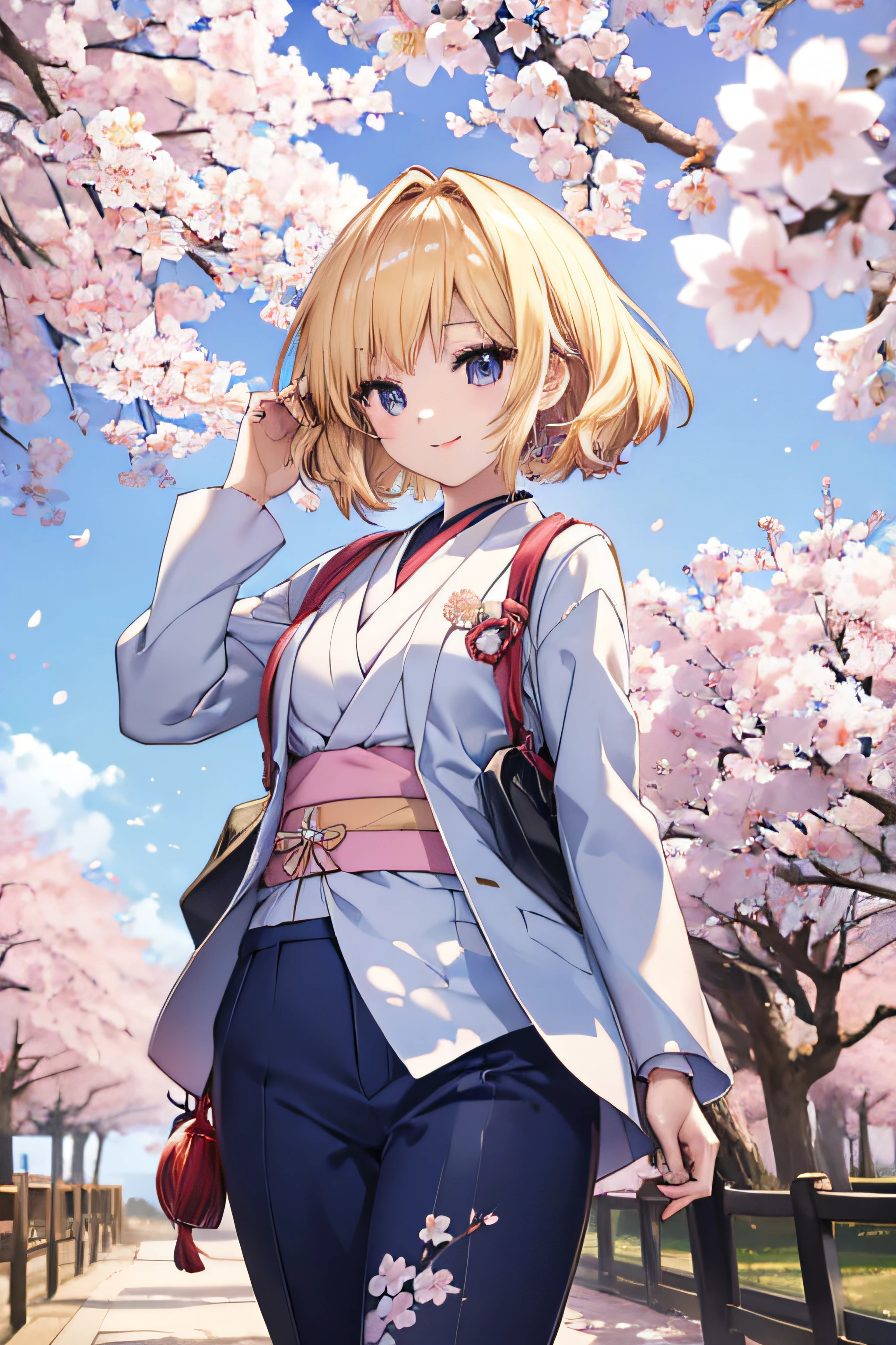 Japanese anime blonde girl wearing JK suit walking in the sunshine under the cherry blossom tree，flowers fluttering in the wind，The girl smiled.