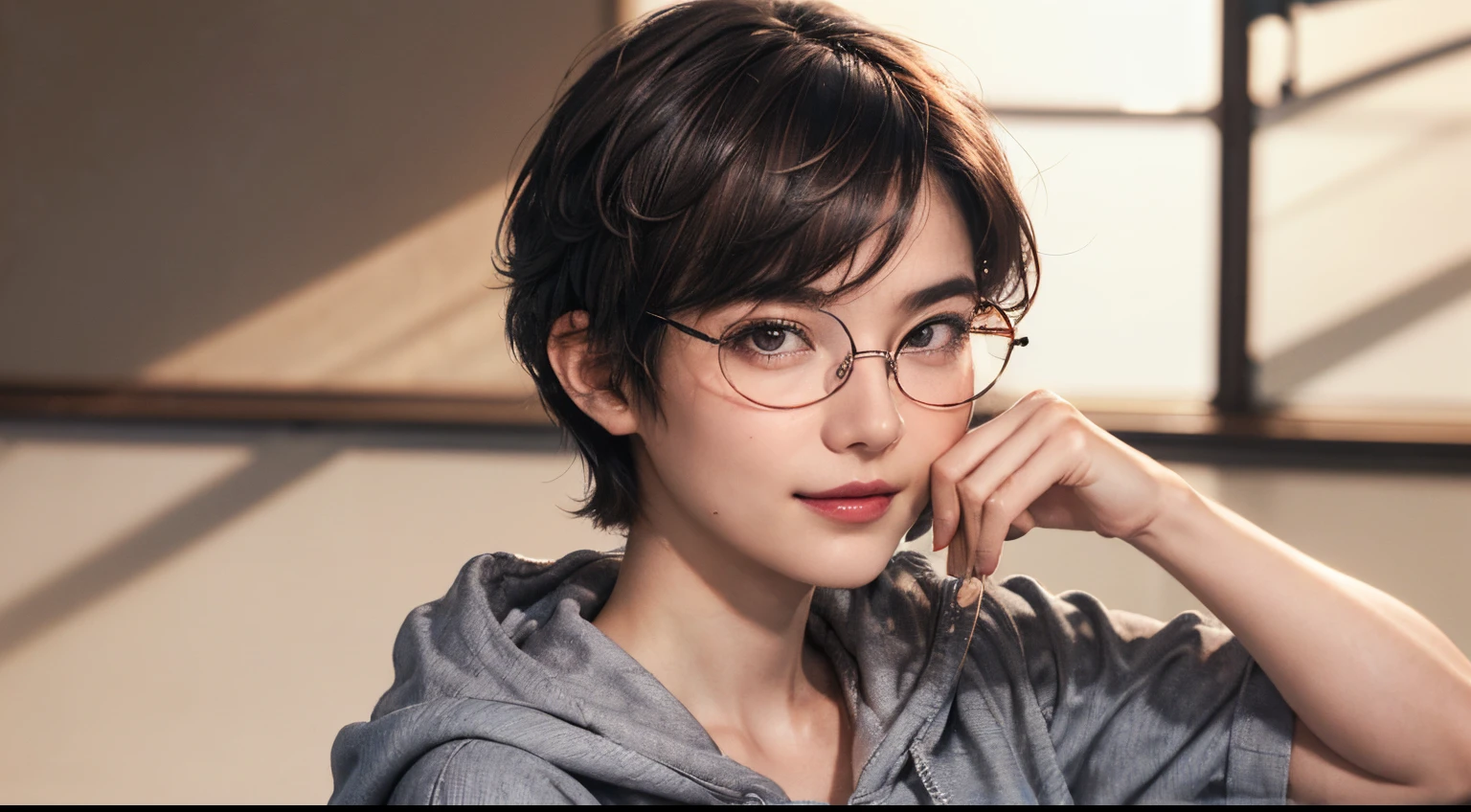 134
(a 20 yo woman,Wearing sportswear), (A hyper-realistic), (high-level image quality), ((beautiful hairstyle 46)), ((short-hair:1.46)), (Gentle smile), (breasted:1.46), (lipsticks), (Wearing glasses:1.46), (darkened room), (florals), (wearing hoodies)