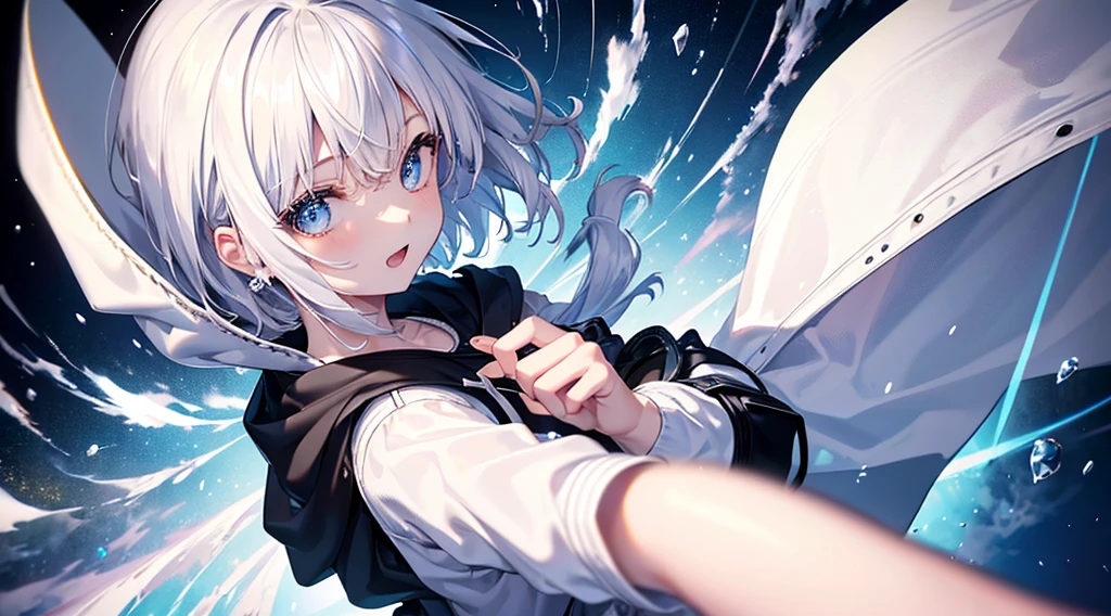 Ultra-high image quality,Look at viewers, girl with, 20yr old, Very short hair, long bangs between eyes, pale blue eyes, Hoodie, Skirt , Extremely detailed,(​masterpiece、top-quality)、report、White hair、A smile、White skin as clear as snow、Fantastical, Silver hair, Black eyes, Beautiful eyes,, Ecstasy, charmed, be smitten with audience, Hoodie, White hoodie,a black skirt,Hair is short,look down from above,(masutepiece, Best Quality:1.1),report, 1girll, Curve,White jacket, Casual style,Open jacket,  Cowboy Shot、report、Fluttering hair、a small face、hason、Bright smile、(parka、white sneaker fingers、Human hand)、(Detailed face) 、(top-quality: 1.4、tmasterpiece、 hyper HD、 Top resolution,、Very detailed、 profetional lighting,fantastic landscape, Sunlight,Shoulder out、sleeps in a bed、open open mouth、inside in room