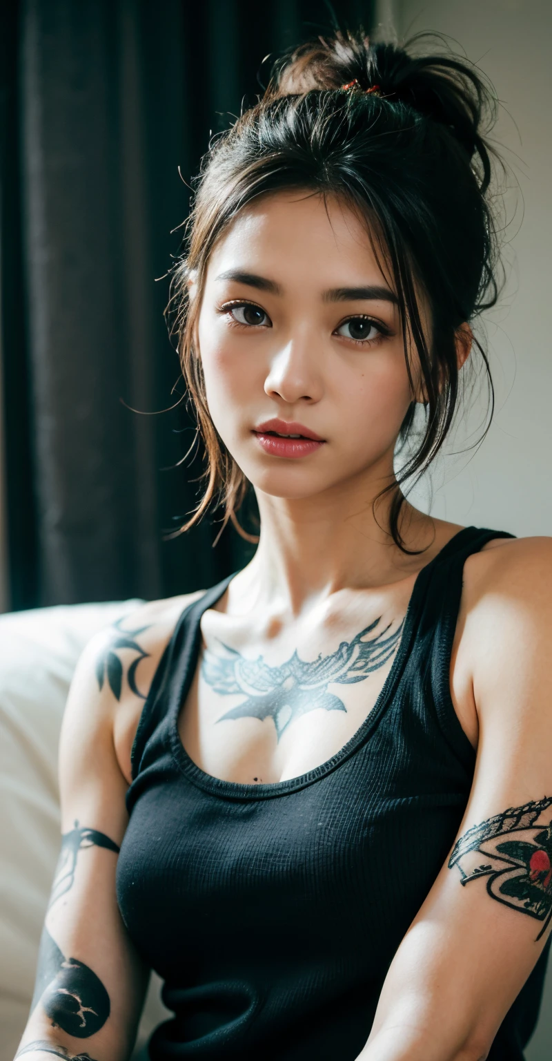 Photorealsitic、Realistic skin texture body tattoo、Sharp Focus,Tank Tops