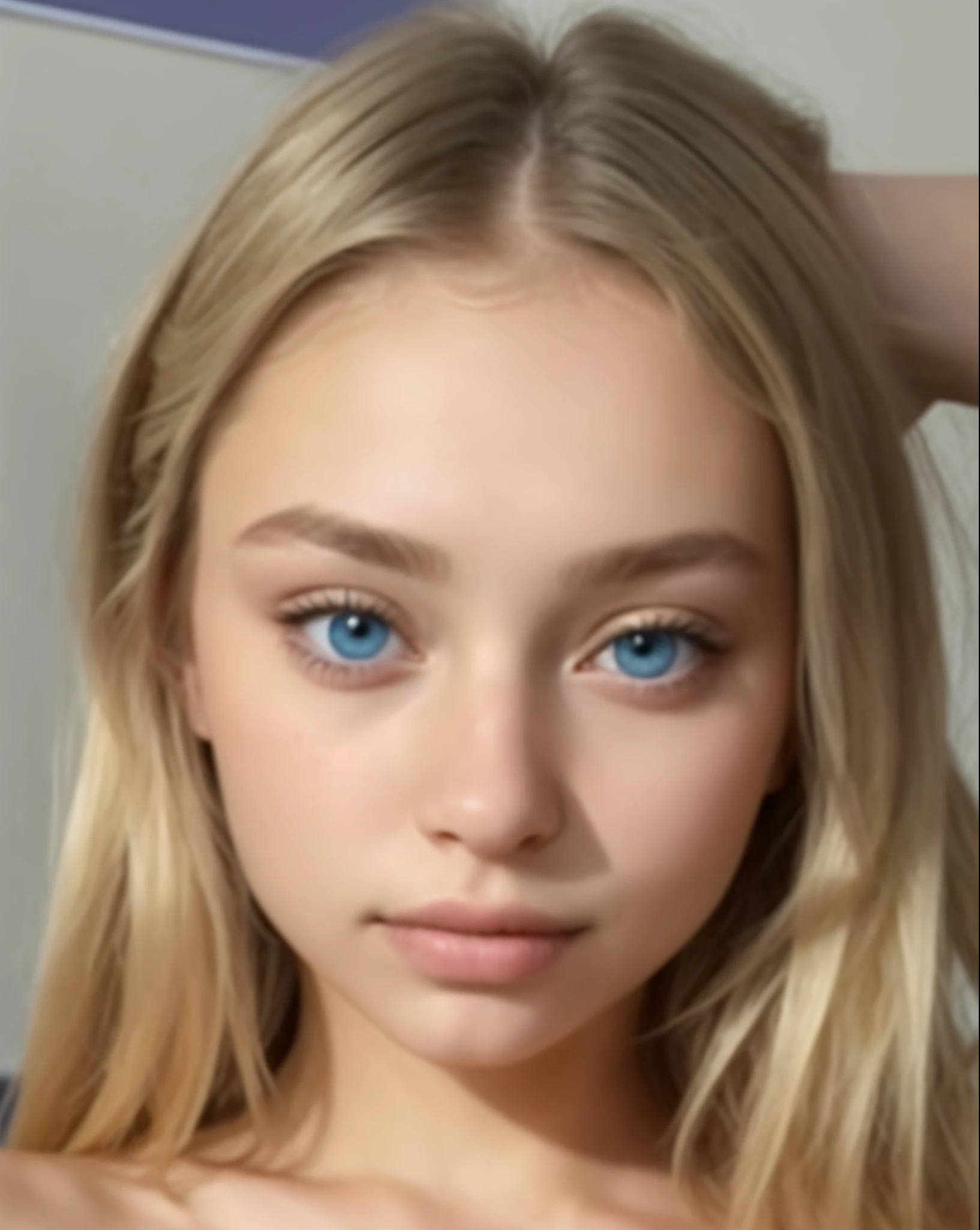 a close up of a woman, hyperrealistic , blonde hair and large eyes, blue symmetric eyes 24yo, 18 years old, gorgeous young model, beautiful huge eyes, huge downslanted eyes, accurate ultra realistic faces, pastel blue eyes, long blonde hair and large eyes, blonde hair and blue eyes