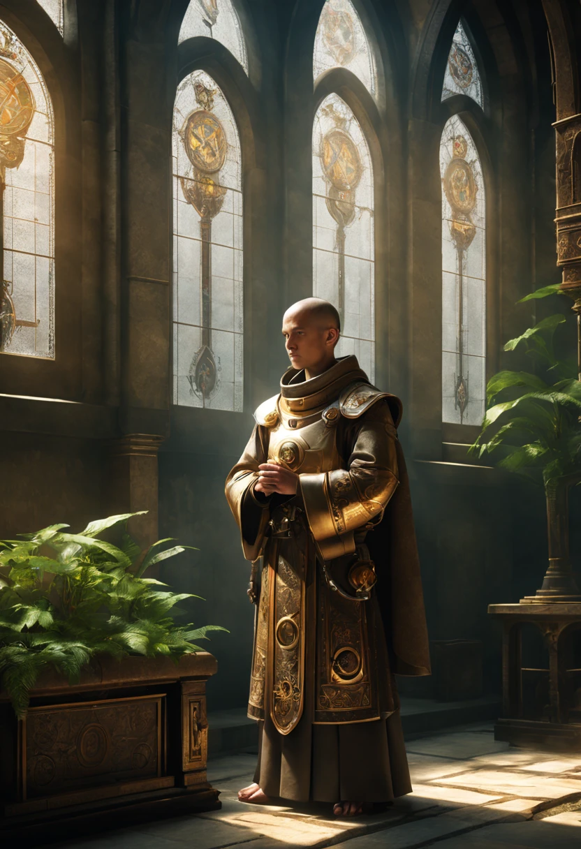Medieval monastery,(steampunk robot monk),(Traditional robe and headscarf),pray quietly,Light streaming through stained glass windows,Religious Art Style, 。ancient stone floor,The engraving is complex,Lush plants,Calm and tranquil environment,Steampunk machinery and gearechanical wings attached to the shoulders of a robot monk),metal surfaces,warm gold color palette,A combination of the future and the Middle Ages,Harmony of technology and spirit。(best quality,4k,8k,highres,masterpiece:1.2),ultra-detailed,(realistic,photorealistic,photo-realistic:1.37)