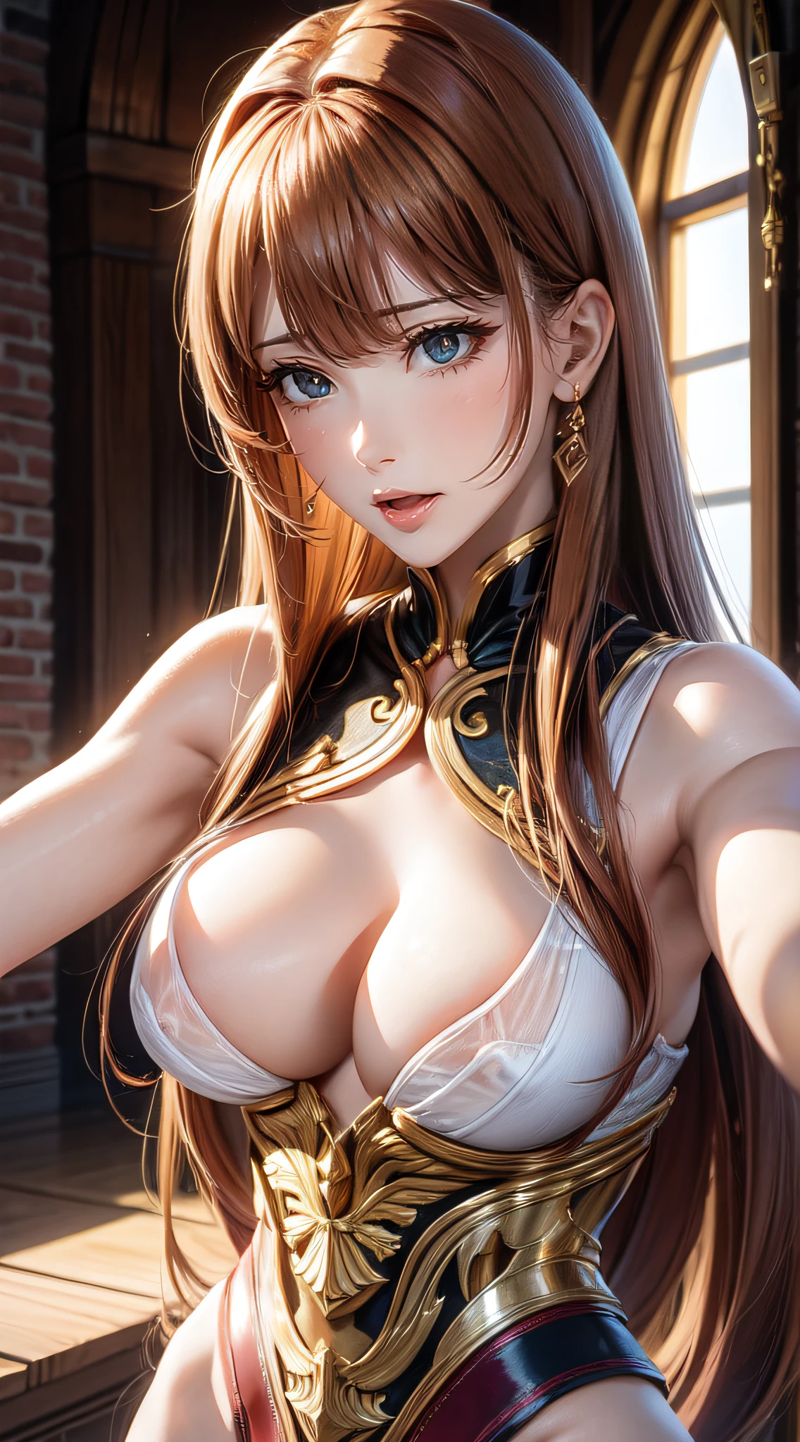 Pornographic Images,Cinematic scene,Fantasy Art,Highest image quality,(hyperrealistic portrait),(8K),Ultra-realistic,Best Quality,High quality,High Definition,high quality texture,high detailing,Beautiful detailed,fine detailed,extremely details CG,Detailed texture,realistic representation of face,masutepiece,presence,Dynamic,Bold,1gir,Ultra detailed skin,Curve,Petite,Beautiful breasts,Large breasts,pale skin,pointed breast,Erect nipples,(super thin hair),(ultra soft hair),(ultra straight hair),Swept long bangs,very light coppery amber hair,Hair over one eye