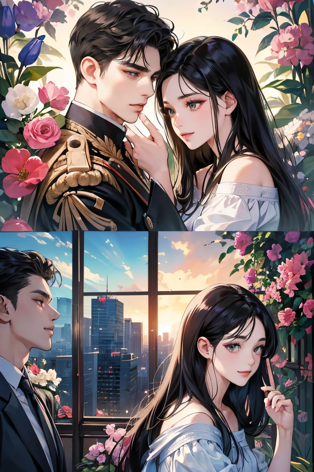 (masutepiece, Digital Art, Digital Illustration, 4K, 8K, Ultra-detailed, beautiful image, Sharp Image, Photorealistic, Raw photo, Perfect face, Perfect lines, Perfect eyes, Soft lighting) ,1 woman, (Long Black Hair,straight haired,Bullish gaze,Beautie,ellegance,Solid makeup,23 y-o woman,small tits:1.3),Two handsome men in suits, (ember,well-muscled,Firm shoulder width, Man's,Boyish hairstyle,English gentlemanly style,Man in his 30s with a cool expression,28-year-old man with bright smile:1.2),Show white teeth and smile(embarrassed from,Shy smile:1.1),A garden full of light、The fountain、Resort Sofa、colorful flower、innocent smiles,Laugh、couple kissing、kiss、the kiss、Romance、