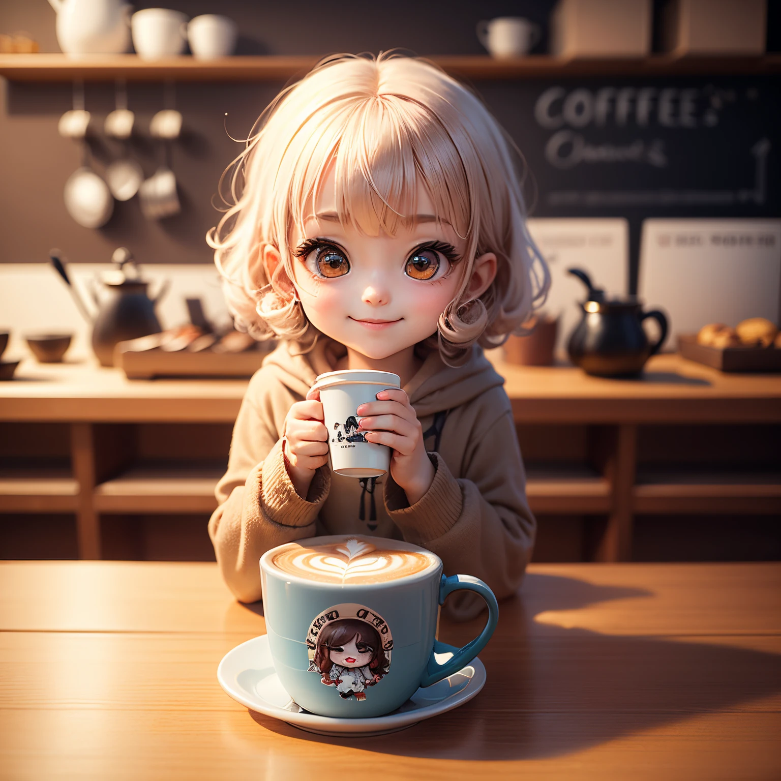 ​masterpiece、top-quality、ultra-detailliert、(Chibi Chara's Daughter:1.2),coffee shop kitchen,white bob curly hair,blue wraith, sit up,Holding one latte art coffee cup,a smile,