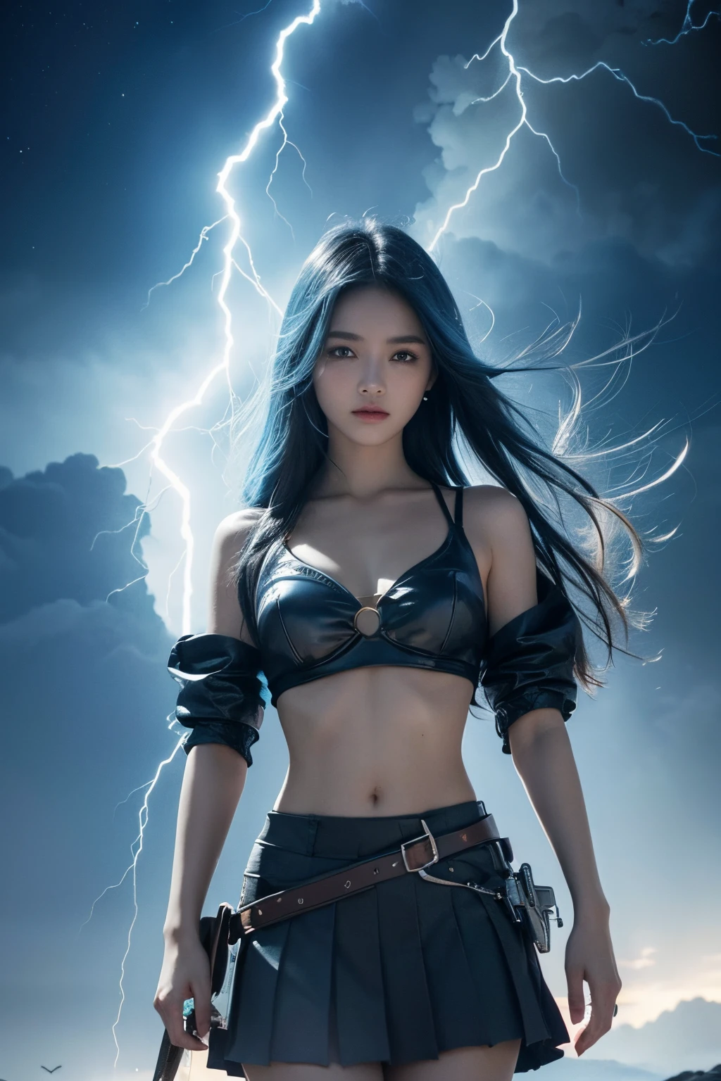 1个Giant Breast Girl,smallunderboob,{Bare kneeest quality at best,The is very detailed,{{tmasterpiece}},ultra - detailed,illustratio,{{{Flying}}},depth of fields,Wind lift,Very long hair,美丽细致的眼睛,{{{machine arm}}},{Magic circle surrounded by lightning},light blue eyes,美丽细致的眼睛,a gorgeous,cow boy shot,{looking at viewert},{Strong light irradiates the body},{{Iridescent hair}},{{{aquarelle_(middling)}}},Glowing round pupils,sitted,Fluttering,{pleated_a skirt},{{{{Lightning hair accessories_glowing}}}},Blue hair,burning sky,Lightning effect,{{Detailed power surround}},{eletric},{burn yourself},Lightning clouds,, Best quality at best,tmasterpiece,actual,tmasterpiece,The is very detailed,Extremely detailed description,Extremely detailed CG Unity 32K wallpaper,8K,