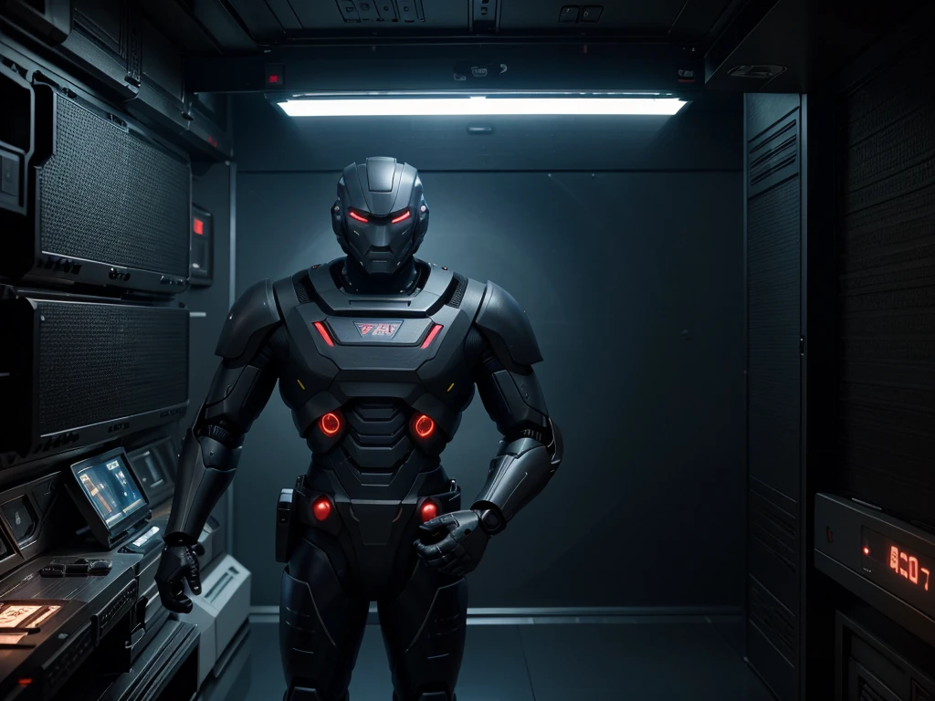 wide shot, Sharp and realistic, Thai art style 3D, Strong looking male robot. Holding a laser gun standing in the International Space Station, dark tone, cyberpunk cartoon cover, carbon texture, CGI society, phone wallpaper pictures.