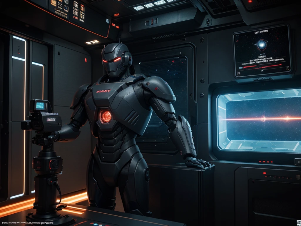 wide shot, Sharp and realistic, Thai art style 3D, Strong looking male robot. Holding a laser gun standing in the International Space Station, dark tone, cyberpunk cartoon cover, carbon texture, CGI society, phone wallpaper pictures.