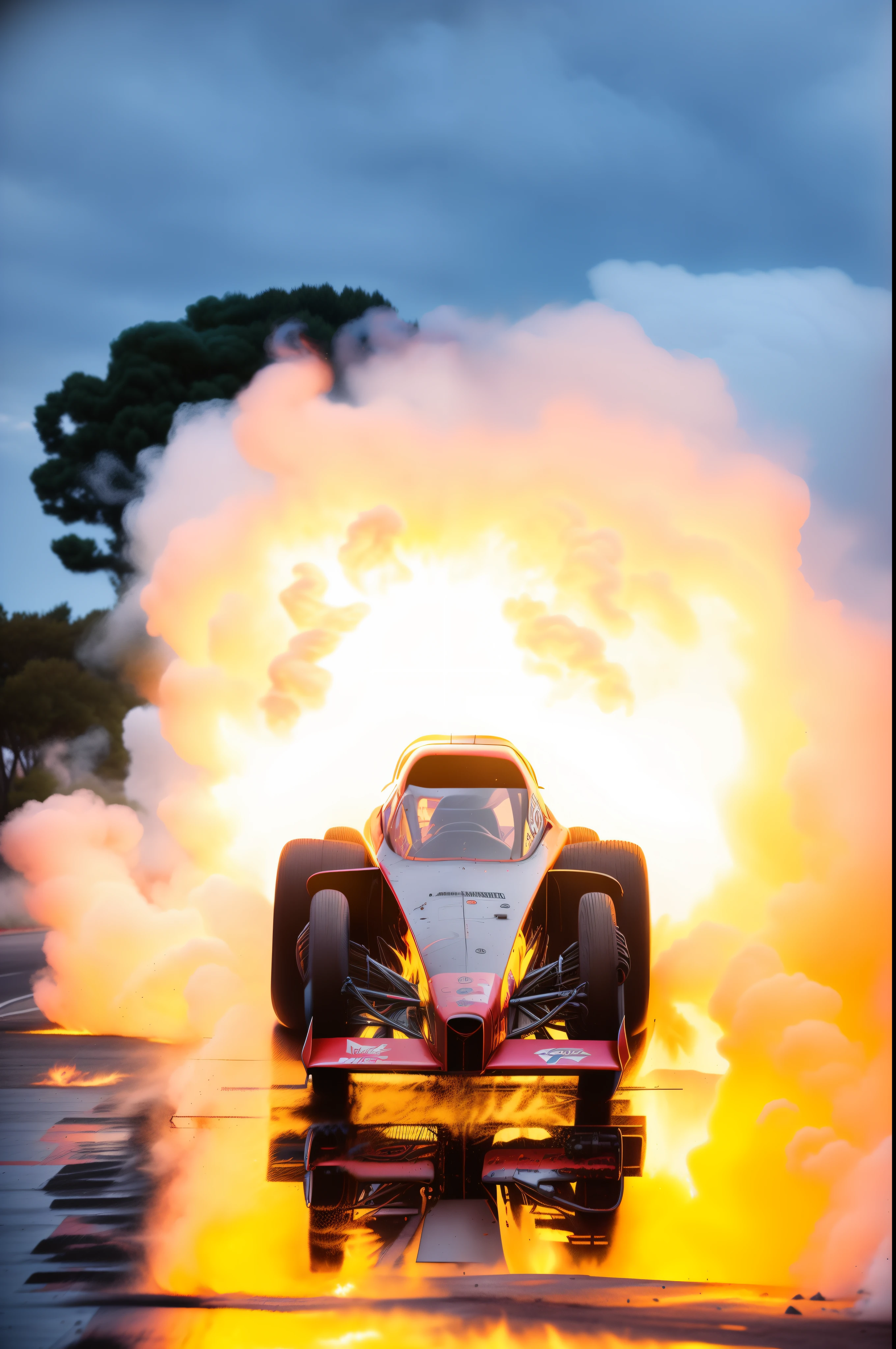 arafed drag race car with a lot of flames and smoke coming out of the back of it, pulling the move'derp banshee ', motorsports photography, starting engines nitro jet drive, cover shot, pulling the move'the banshee ', high speed action, smoke behind wheels, drag light bombs, car shot, flame thrower, automotive photography, f/4.5, by Matt Cavotta