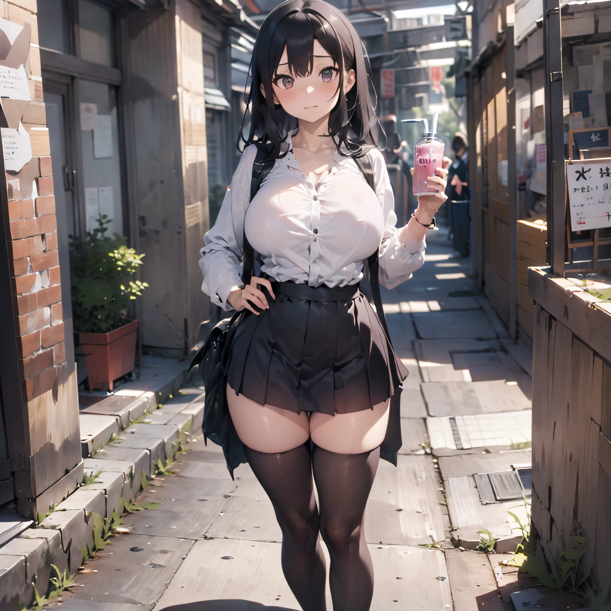 (1 girl standing:1.3), (solo:2.0), (huge perky breasts:2.0), (thin waist:1.3), (thin long legs:1.5), (black thighhighs:1.3), (very short miniskirt:1.8), nose blush, embarrassed, school uniform, cardigan, (excessive pussy juice cascade down between thighs:1.5), orgasm