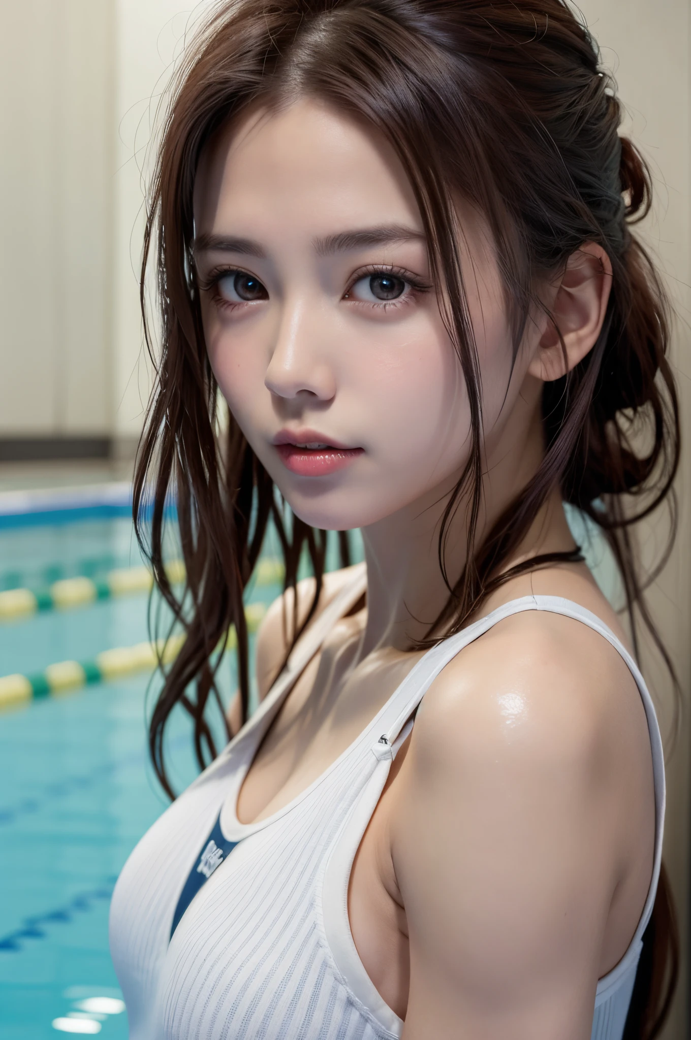 8K, of the highest quality, masutepiece:1.2), (Realistic, Photorealsitic:1.3), of the highest quality, masutepiece, Beautiful young woman, Pensive expression, Thoughtful look, Competitive swimmers、swim wears、Hair tied back, Cinematic background, Light skin tone