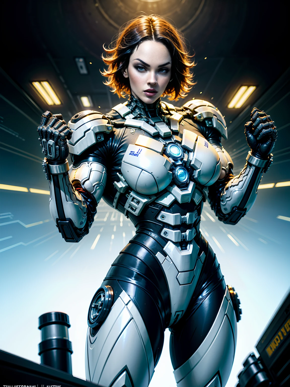 Cinematic, hyper-detailed, and insanely detailed, this artwork captures the essence of megan fox with breathtaking beauty. The color grading is beautifully done, enhancing the overall cinematic feel. Unreal Engine brings her anatomic cybernetic muscle suit to life, appearing even more mesmerizing. With the use of depth of field (DOF), every detail is focused and accentuated, drawing attention to her eyes and the intricate design of the anatomic cybernetic muscle suit . The image resolution is at its peak, utilizing super-resolution technology to ensure every pixel is perfect. Cinematic lighting enhances her aura, while anti-aliasing techniques like FXAA and TXAA keep the edges smooth and clean. Adding realism to the anatomic cybernetic muscle suit, RTX technology enables ray tracing. Additionally, SSAO (Screen Space Ambient Occlusion) gives depth and realism to the scene, the girl's anatomic cybernetic muscle suit become even more convincing. In the post-processing and post-production stages, tone mapping enhances the colors, creating a captivating visual experience. The integration of CGI (Computer-Generated Imagery) and VFX (Visual Effect brings out the anatomic cybernetic muscle suit's intricate features in a seamless manner. SFX (Sound Effects) complement the visual artistry, immersing the viewer further into this fantastic world. The level of detail is awe-inspiring, with intricate elements meticulously crafted, the artwork hyper maximalist and hyper-realistic. Volumetric effects add depth and dimension, and the photorealism is unparalleled. The image is rendered in 8K resolution, ensuring super-detailed visuals. The volumetric lightning adds a touch of magic, highlighting her beauty and the aura of her anatomic cybernetic muscle suit in an otherworldly way. High Dynamic Range (HDR) technology makes the colors pop, adding richness to the overall composition. Ultimately, this artwork presents an unreal portrayal of a super muscled cybernetic female android