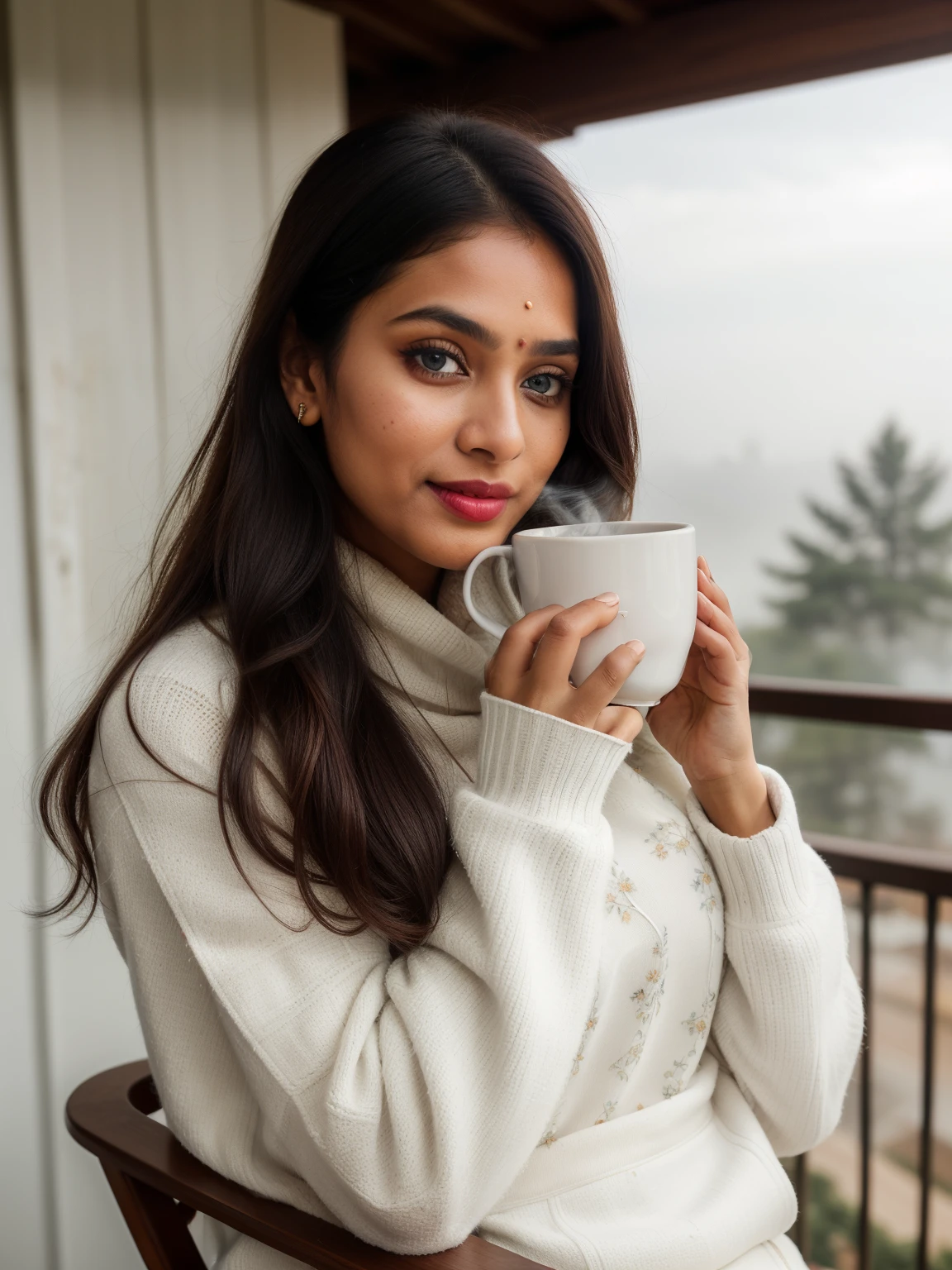 Tamil woman, 30 year old, early morning scenario, location: balcony of a hotel in hill station, sitting in a wooden chair, holding a cup in her hand, smoke is coming from the cup, (background:1.6 fog green trees, wooden balcony arrangements, hills, paths, tor roads, street lights at long distance), (extremely detailed: beautiful round face, blue eyes, eyelashes, sharp nose, glossy red lips, dimple cheeks, very long hair), (wearing:1.6 white sweater, floral night pants, shawl, ear muffs), eyes symmetry, face symmetry, UHD, 64K, intricate detailed image, high quality, masterpiece, award winning photograph, third person view, wide shot from below