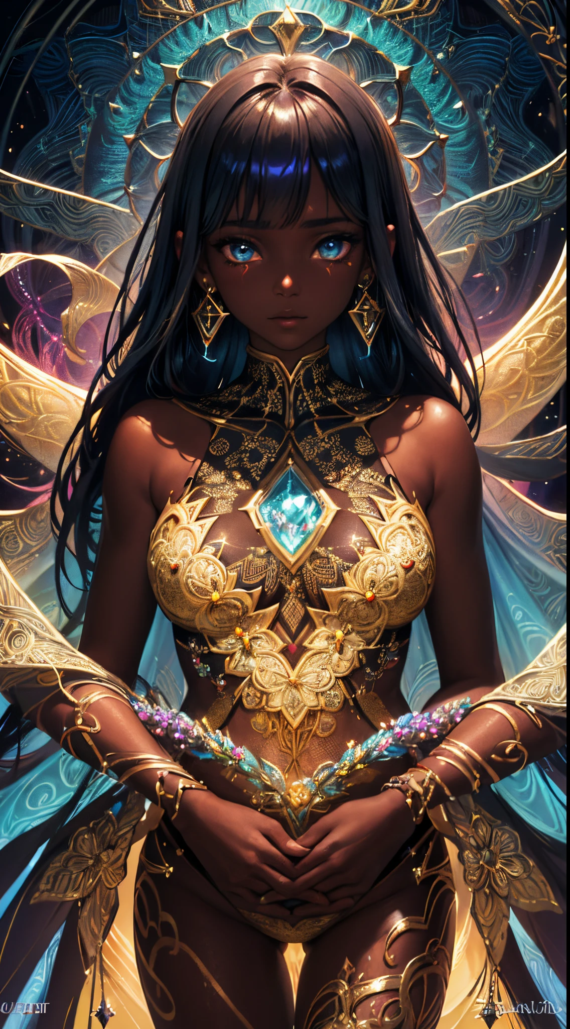 {Celestial hues, lofi, shiny aura, cute, skin girl with dark skin and black hair, big pretty realistic eyes, golden tribal markings} solo ((( perfect dark skintone, perfect flawless face))), highly detailed, holographic glowing motifs, beautifully detailed tracery, geometric, perfect composition, digital painting, artstation, concept art, smooth, sharp focus, illustration, Carne Griffiths, pixar, Victo ngai, Jean Baptiste Monge, beautiful, perfect eyes,  full lips, 96k, best quality, full shot ))) (masterpiece, top quality, best quality, official art, beautiful and aesthetic:1.2), (1girl:1.3), extremely detailed,(fractal art:1.1),(colorful:1.1),highest detailed,(zentangle:1.2), (dynamic pose), (abstract background:1.5), (gradient dress:1.2), (shiny skin), (many colors:1.4), ,(earrings:1.4),