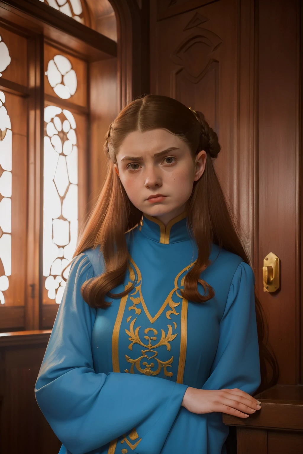 1136, Earlcastle, England. otherworldly scene in a luxurious medieval house, ((((-yeld)) y Aliena)), spy, observing, humiliated, ((anger, frowning)), ((sadistic expression, smirk)), ((((tunic from the 12th century)))), ((Hairstyle of the 12th century)), ((Wes Anderson cinematic style)), colorful