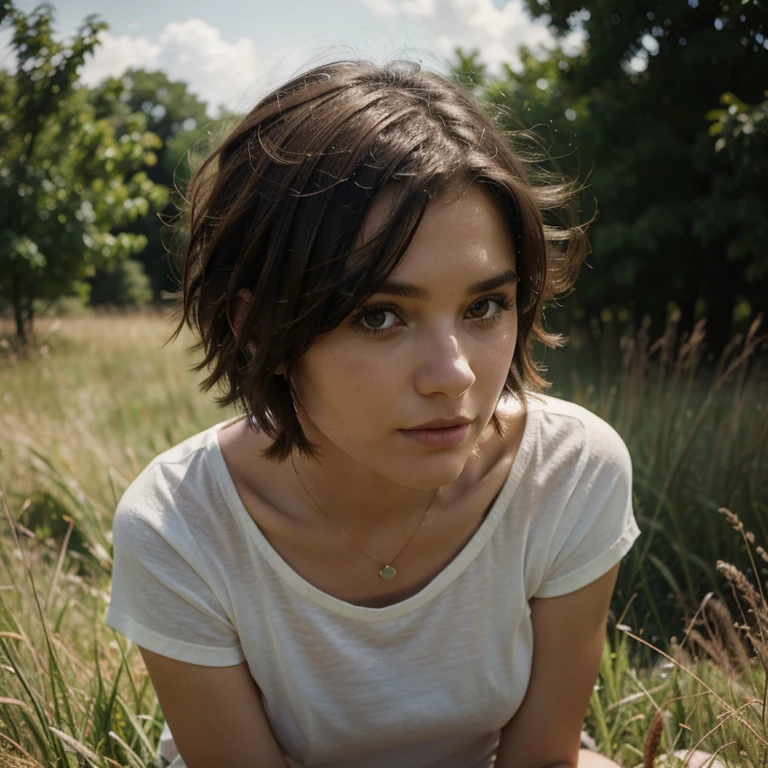 4k realistic, 25 years old, girl, grass, nature, messy hair, short hair