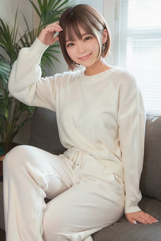 Sitting on the sofa in the living room, the background is a white wall, white sweater, white scrub pants, thighs, smile, brown hair, short cut hair,