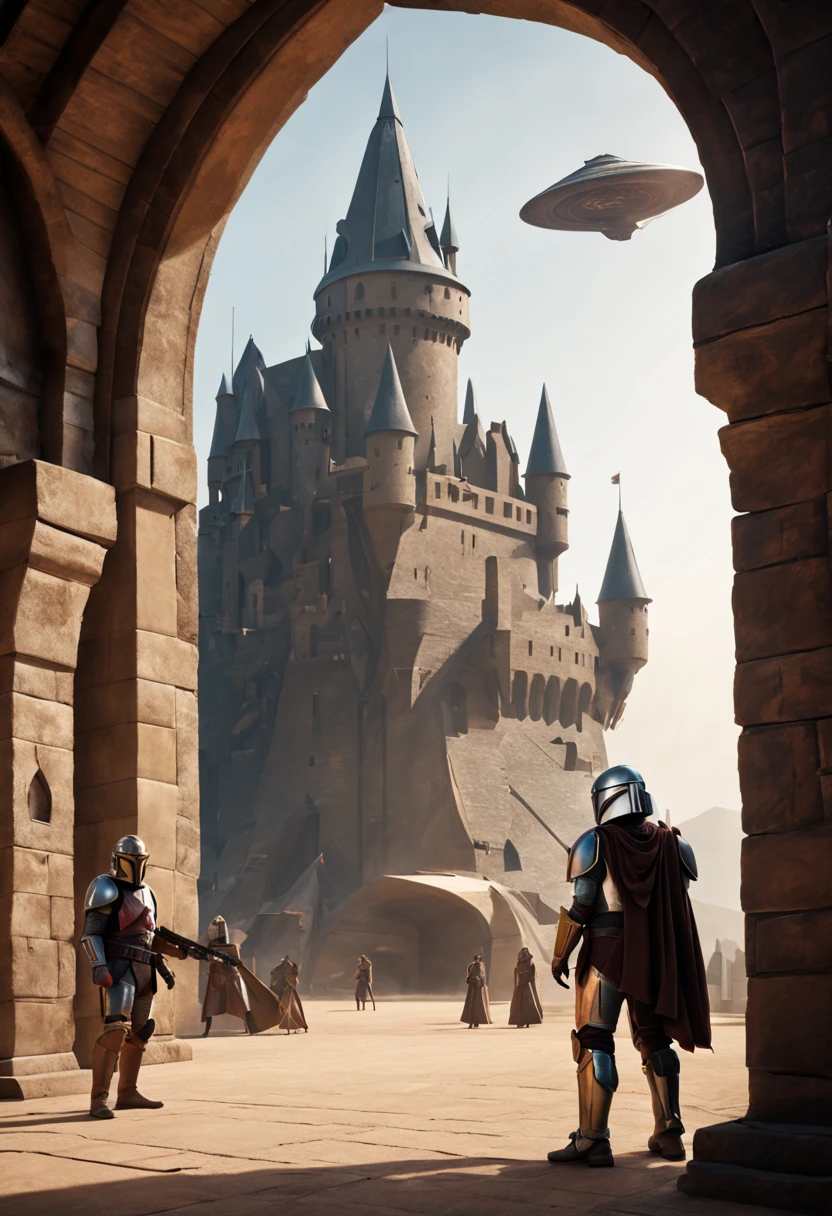 (There is a central square of the medieval castle), in the center of the square there is (a Mandalorian spaceship with a razor blade), (A Mandalorian stands near the spaceship and aims a blaster), (2 knights with swords stand next to the Mandalorian), knights are dressed in full medieval armor) (A dragon sits on the castle wall), pay special attention to details environment, lower angle, cinematographic photo processing, full frame, hyperdetalized, realistic