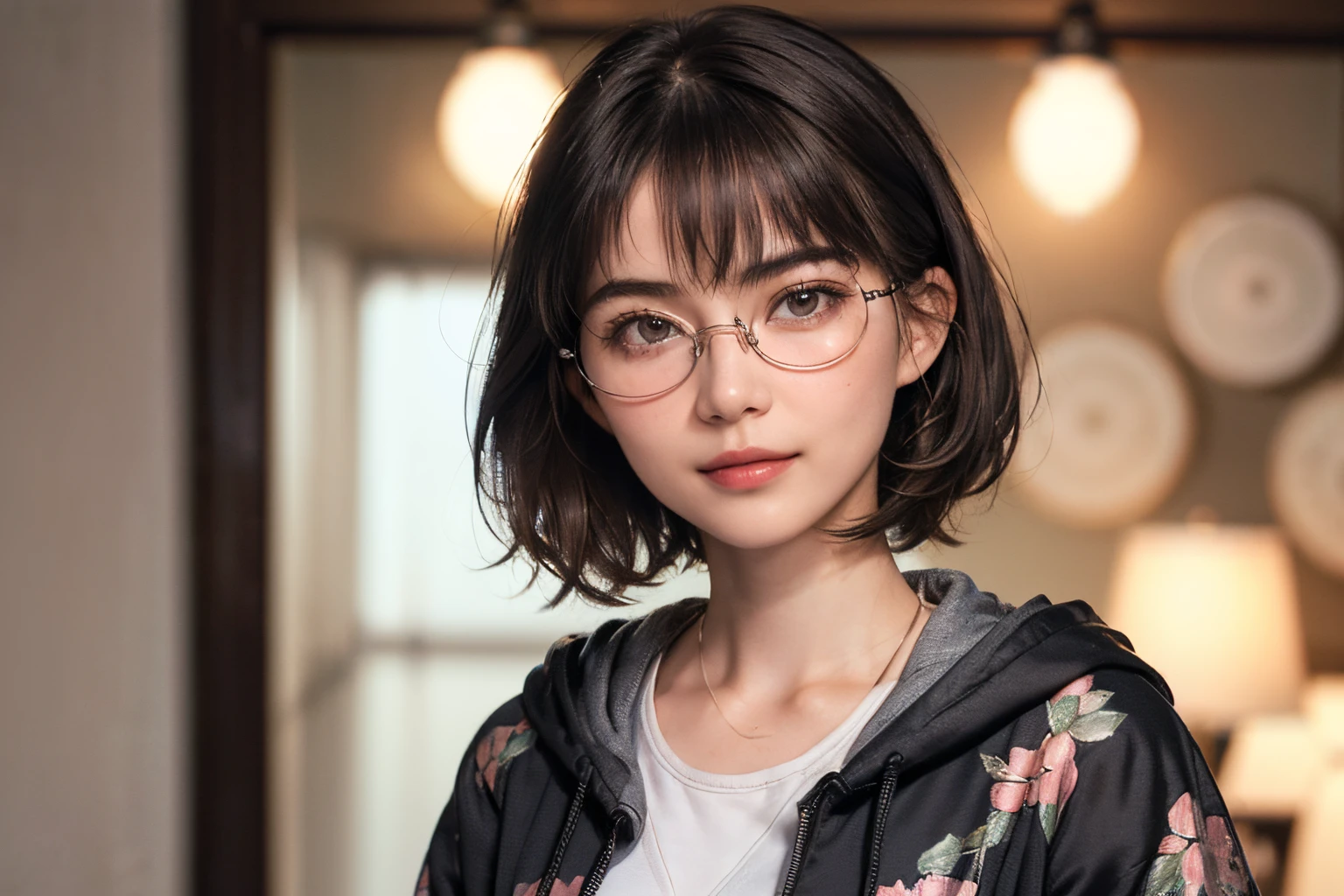 134
(a 20 yo woman,Wearing sportswear), (A hyper-realistic), (high-level image quality), ((beautiful hairstyle 46)), ((short-hair:1.46)), (Gentle smile), (breasted:1.46), (lipsticks), (Wearing glasses:1.46), (darkened room), (florals), (wearing hoodies)