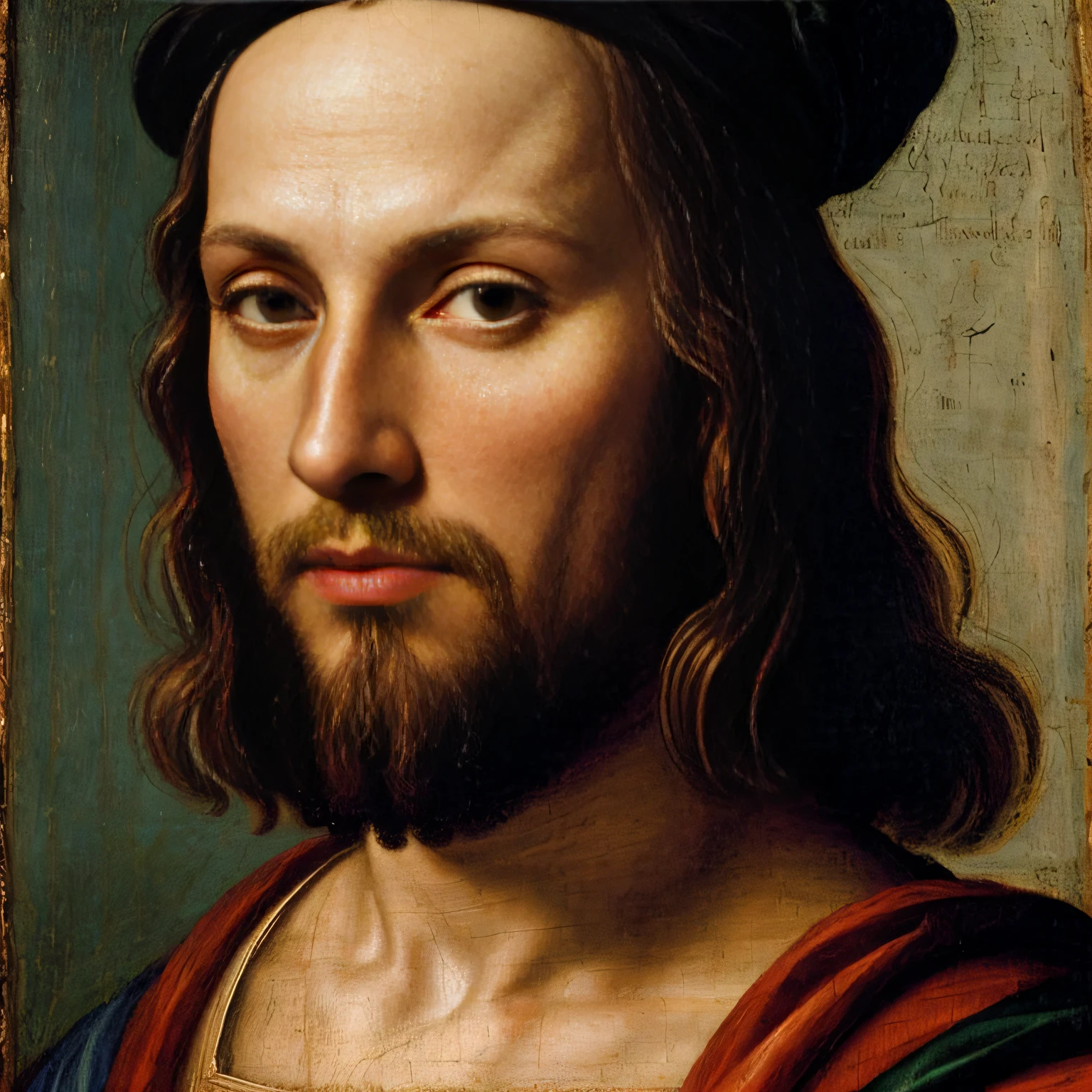 Title: "Leonardo's Renaissance Renaissance Man - Close-Up" Description: A close-up look at the intricate details in Leonardo da Vinci's multifaceted self-portrait.